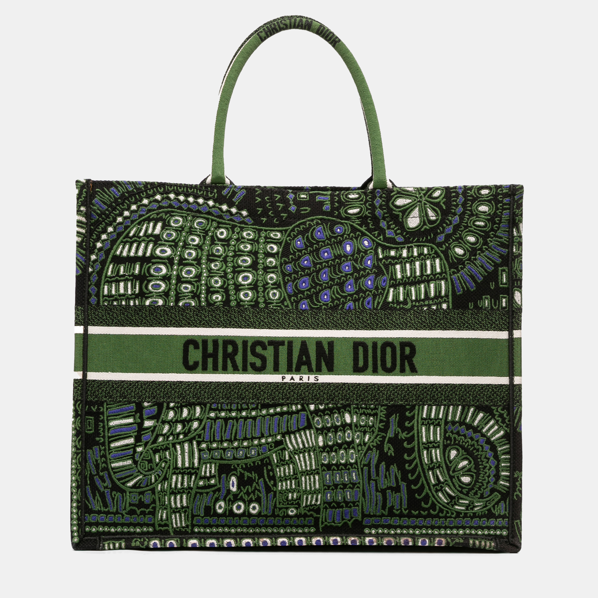 

Dior Green Large Canvas Embroidered Elephant Book Tote