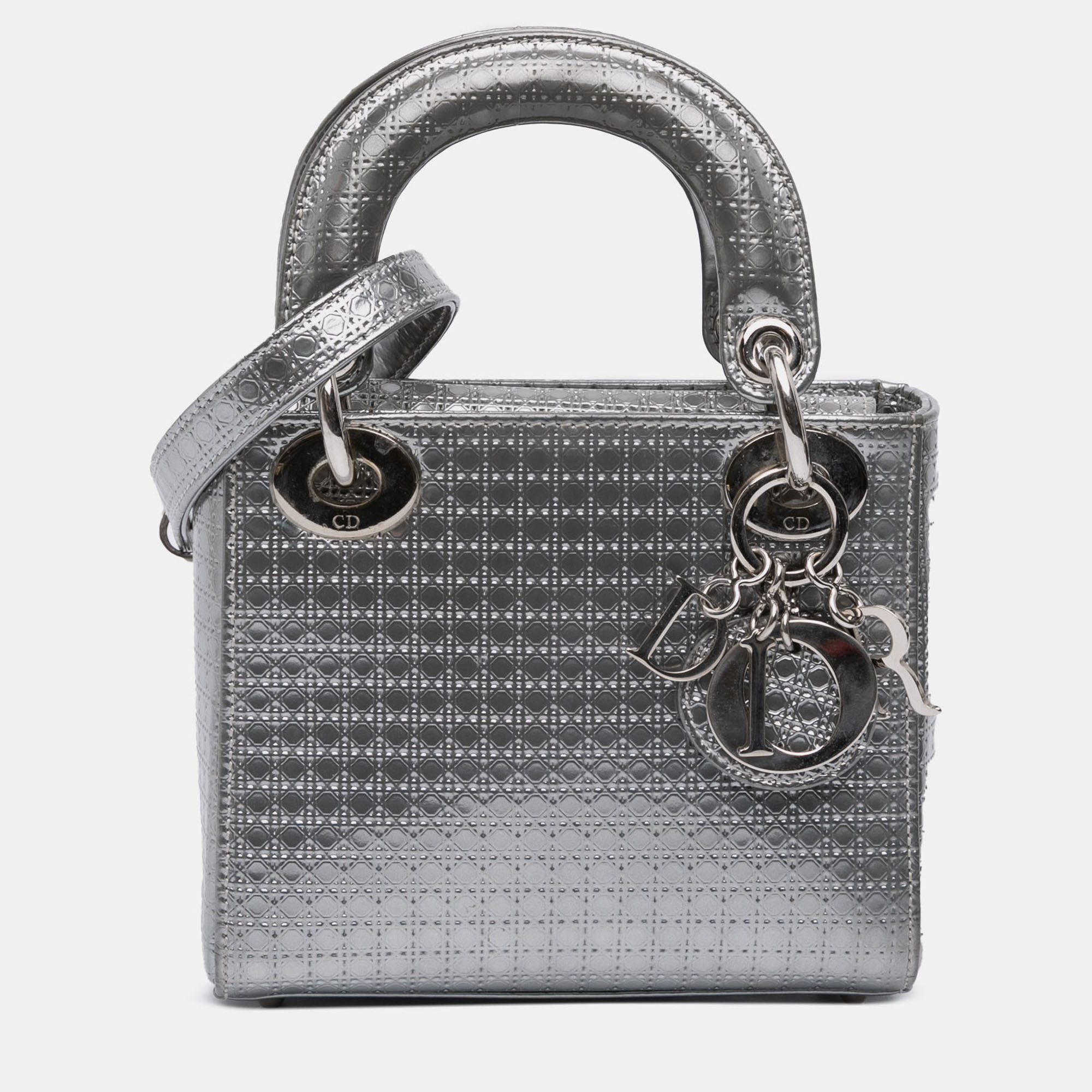 

Dior Silver Mini Metallic Patent Microcannage Lady Dior
