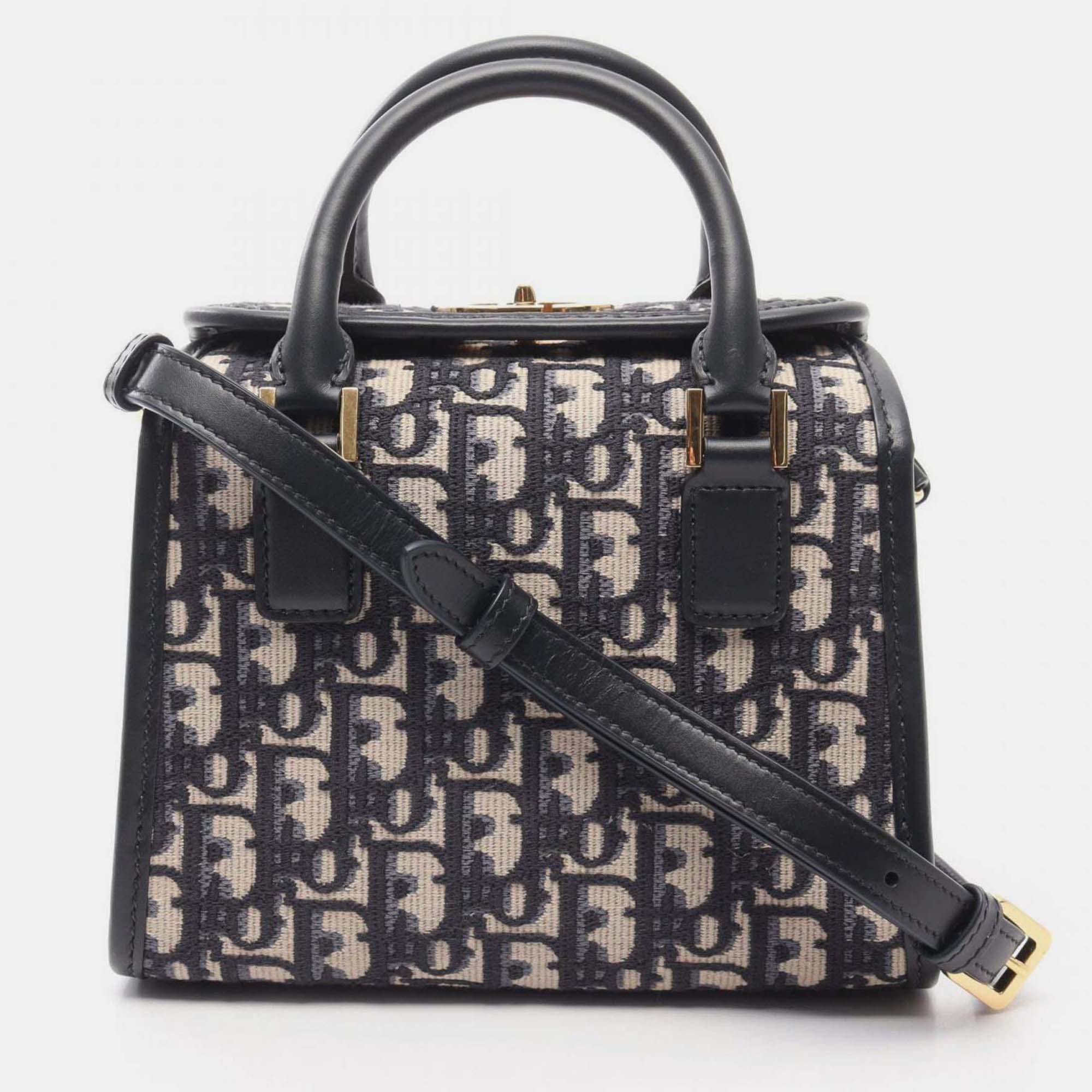 Pre-owned Dior Christian Oblique Tote Bag Canvas And Leather Beige Navy In Sand