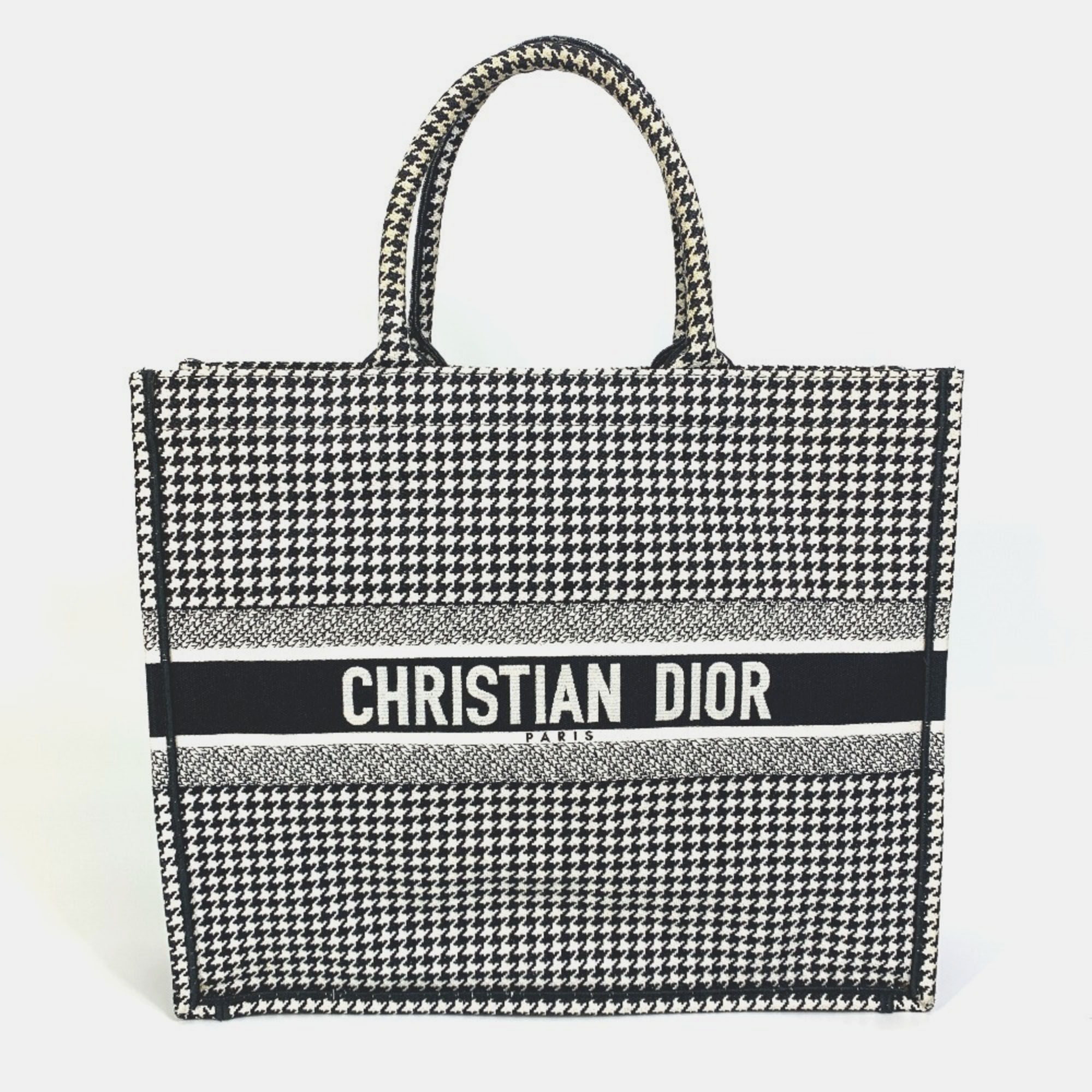 

Christian Dior Dior Houndstooth Embroidered Book Tote Canvas Shoulder Bag In White/Black