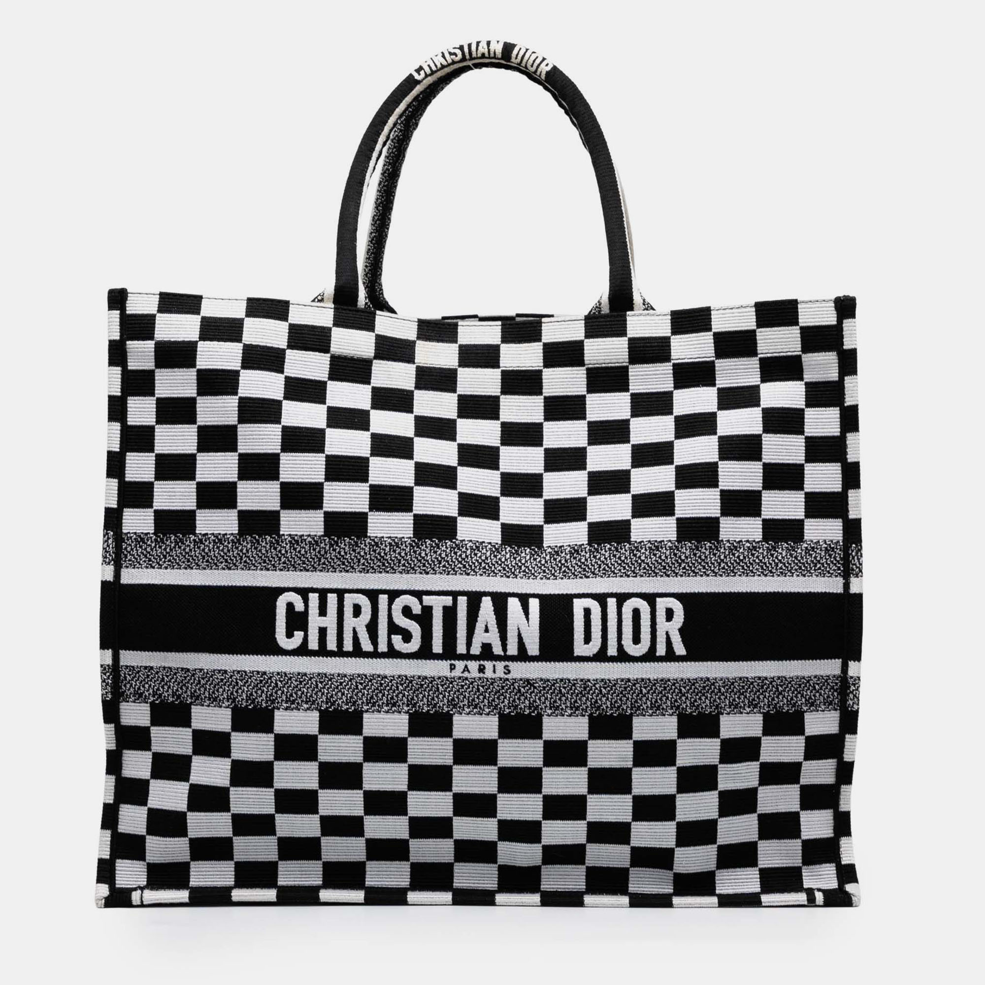 

Dior Black White Large Embroidered Canvas Checkered Book Tote