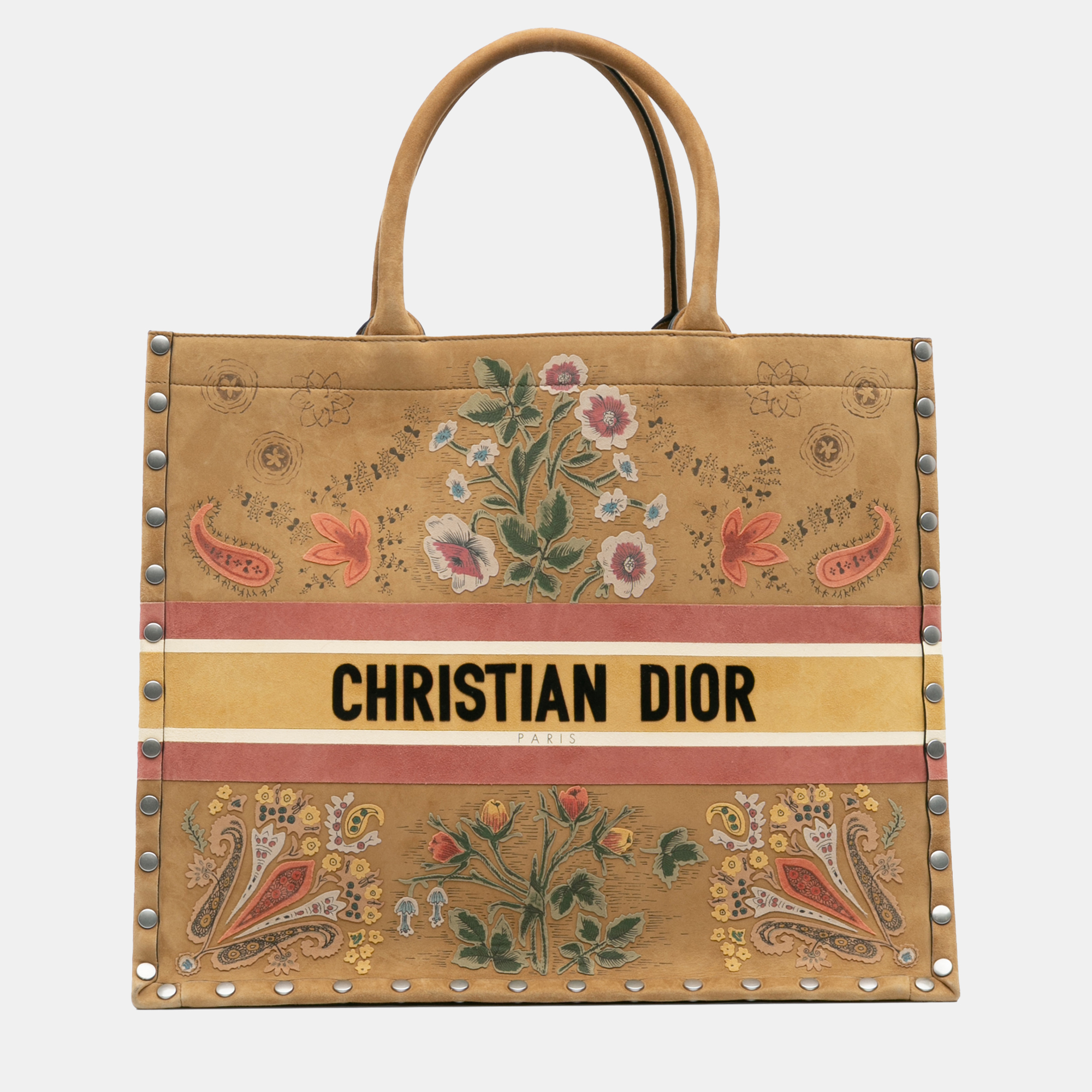 

Dior Studded Embroidered Floral Book Tote Large Multicolor Suede Bag, Brown