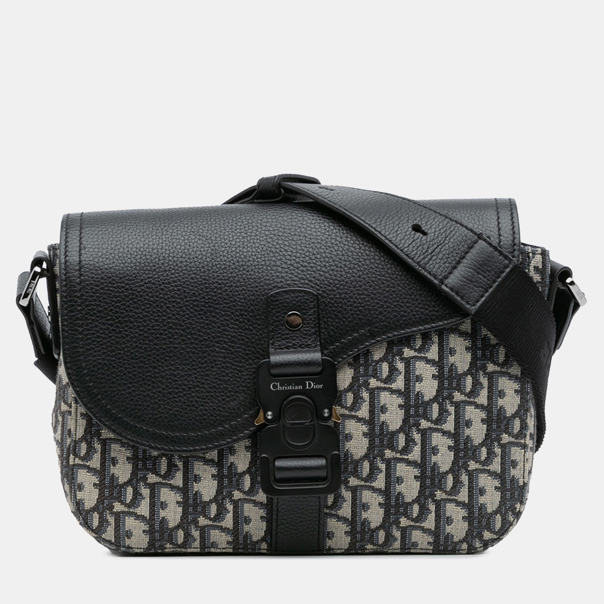 Pre-owned Dior Black Small Oblique Canvas Saddle Messenger Bag With Flap