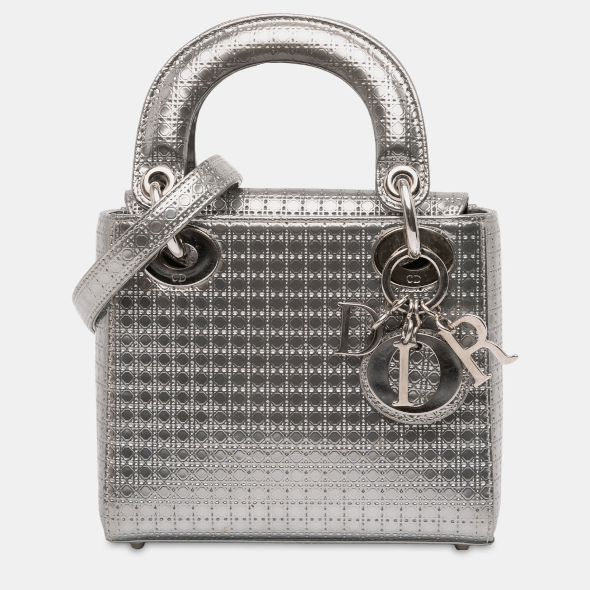

Dior Silver Mini Metallic Patent Microcannage Lady Dior