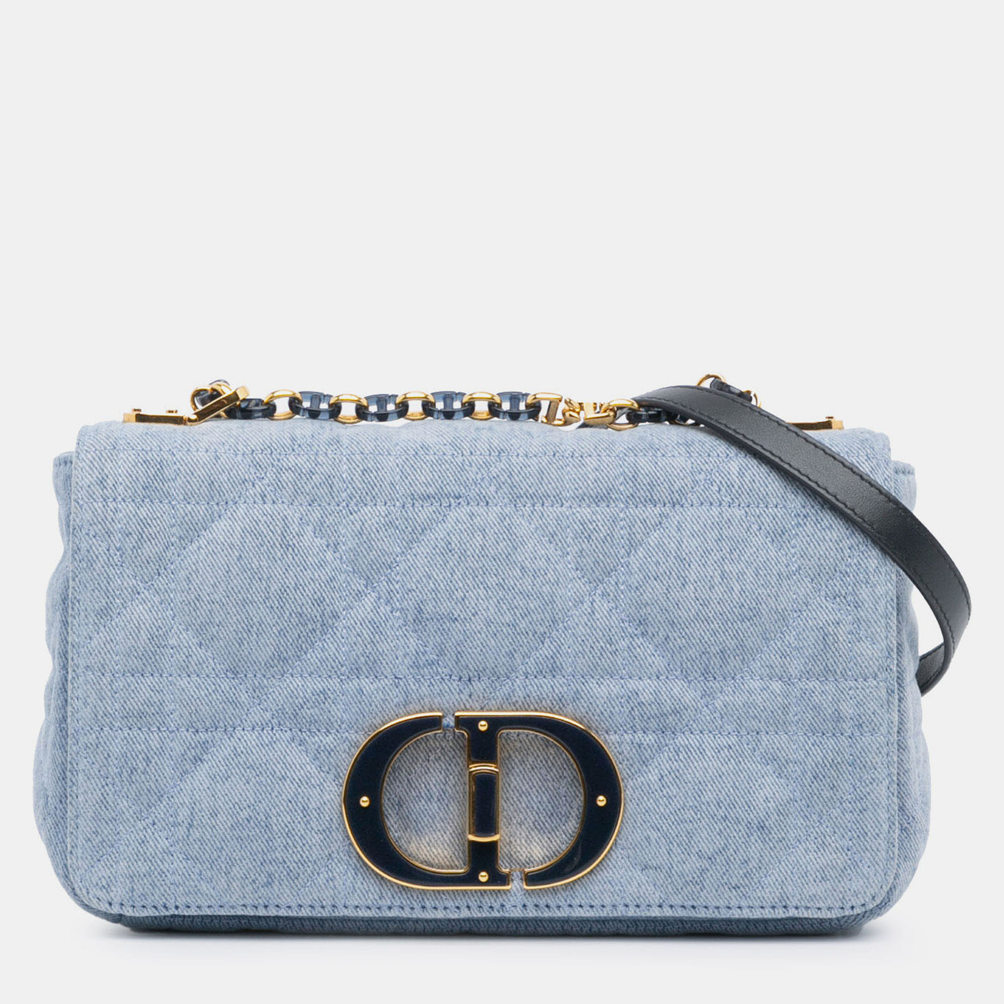 Pre-owned Dior Blue Medium Denim Macrocannage Caro Bag