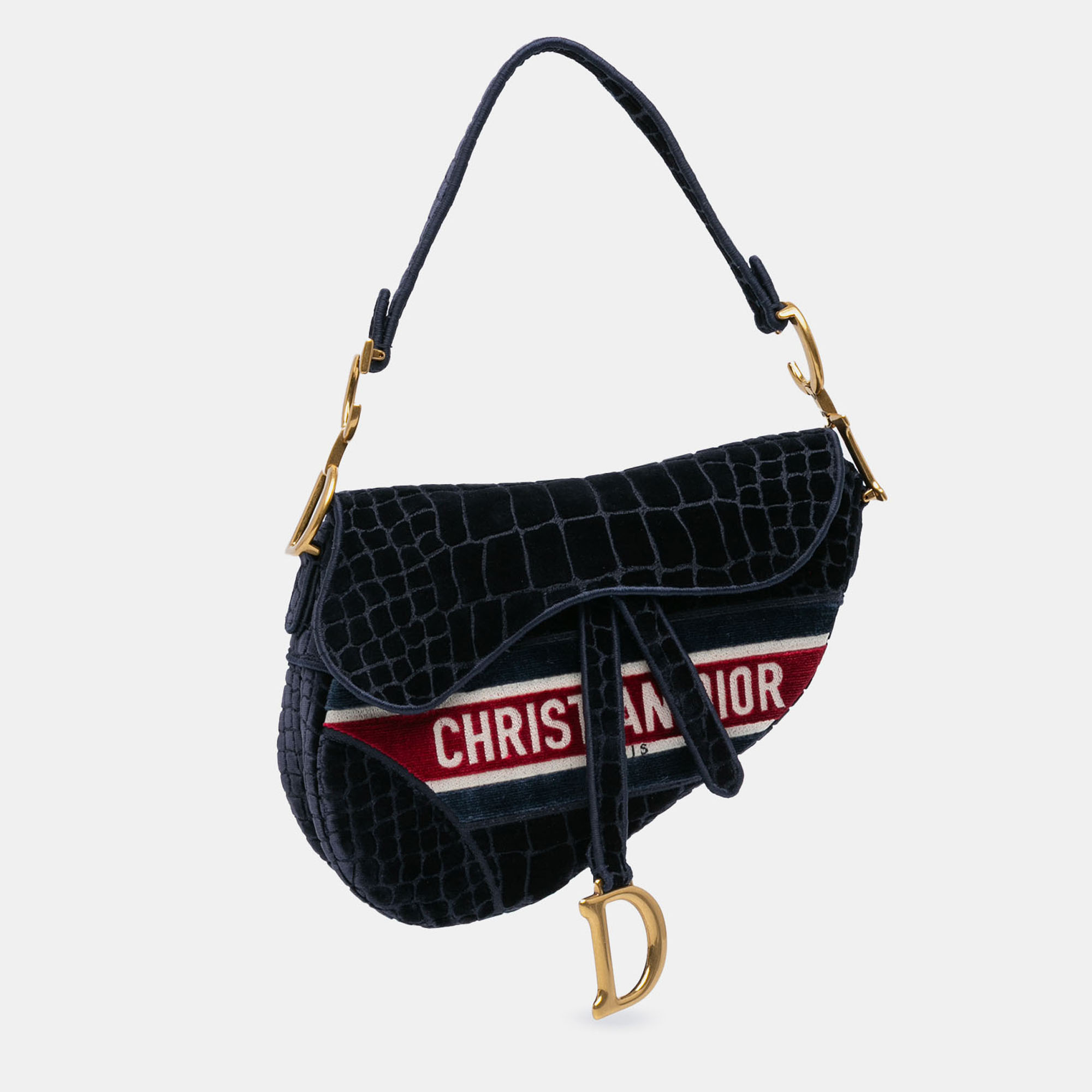 

Dior Navy Blue Velvet Embroidered Crocodile Effect Saddle Bag