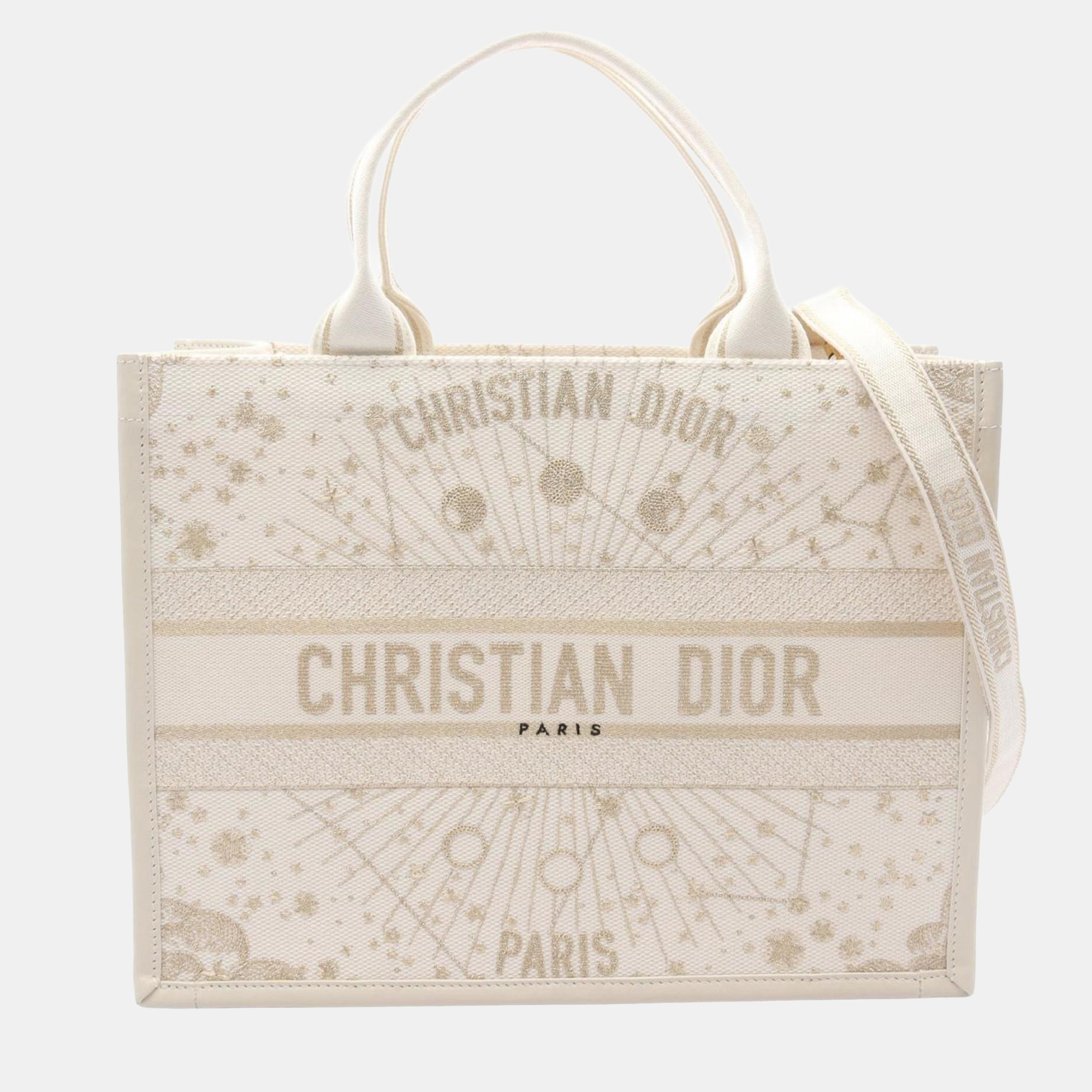 Pre-owned Dior Christian Book Tote Medium Tote Bag Canvas And Leather White/gold
