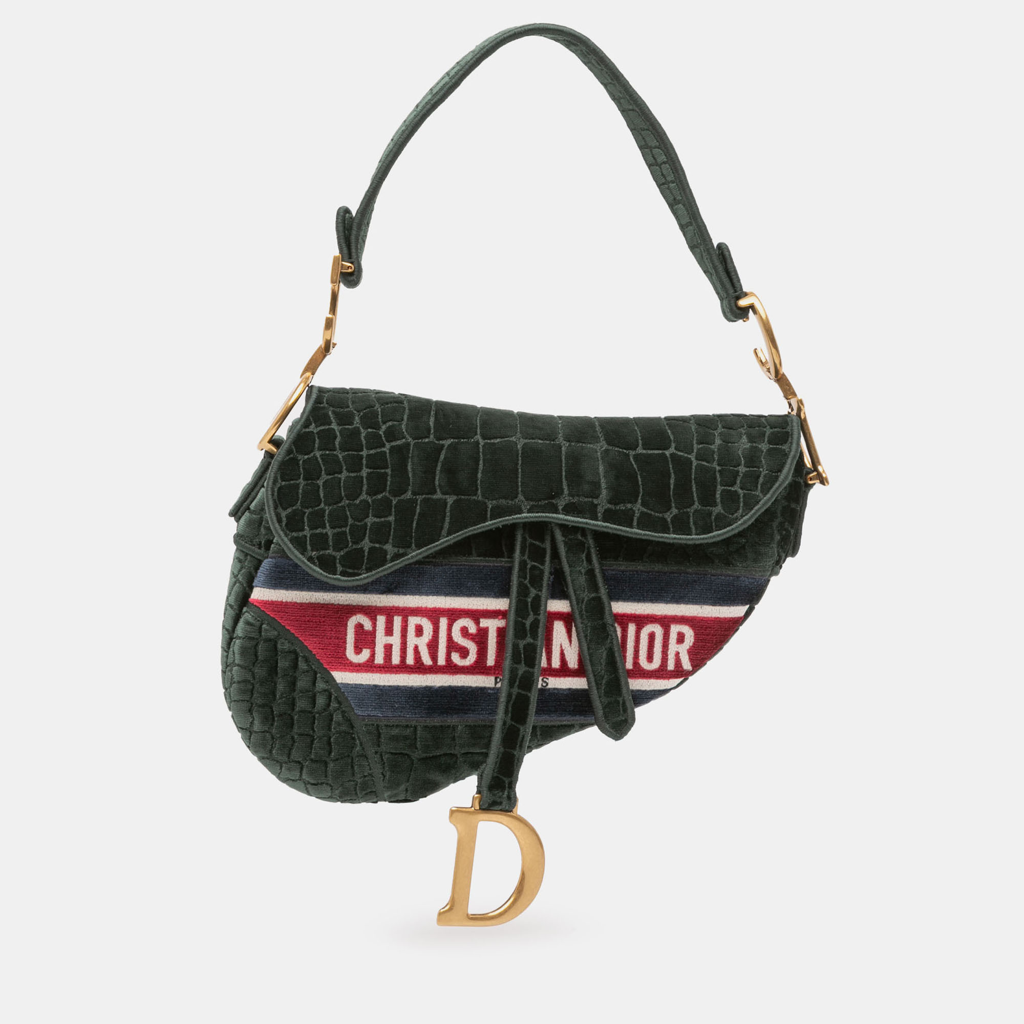 

Dior Green Velvet Embroidered Crocodile Effect Saddle Bag