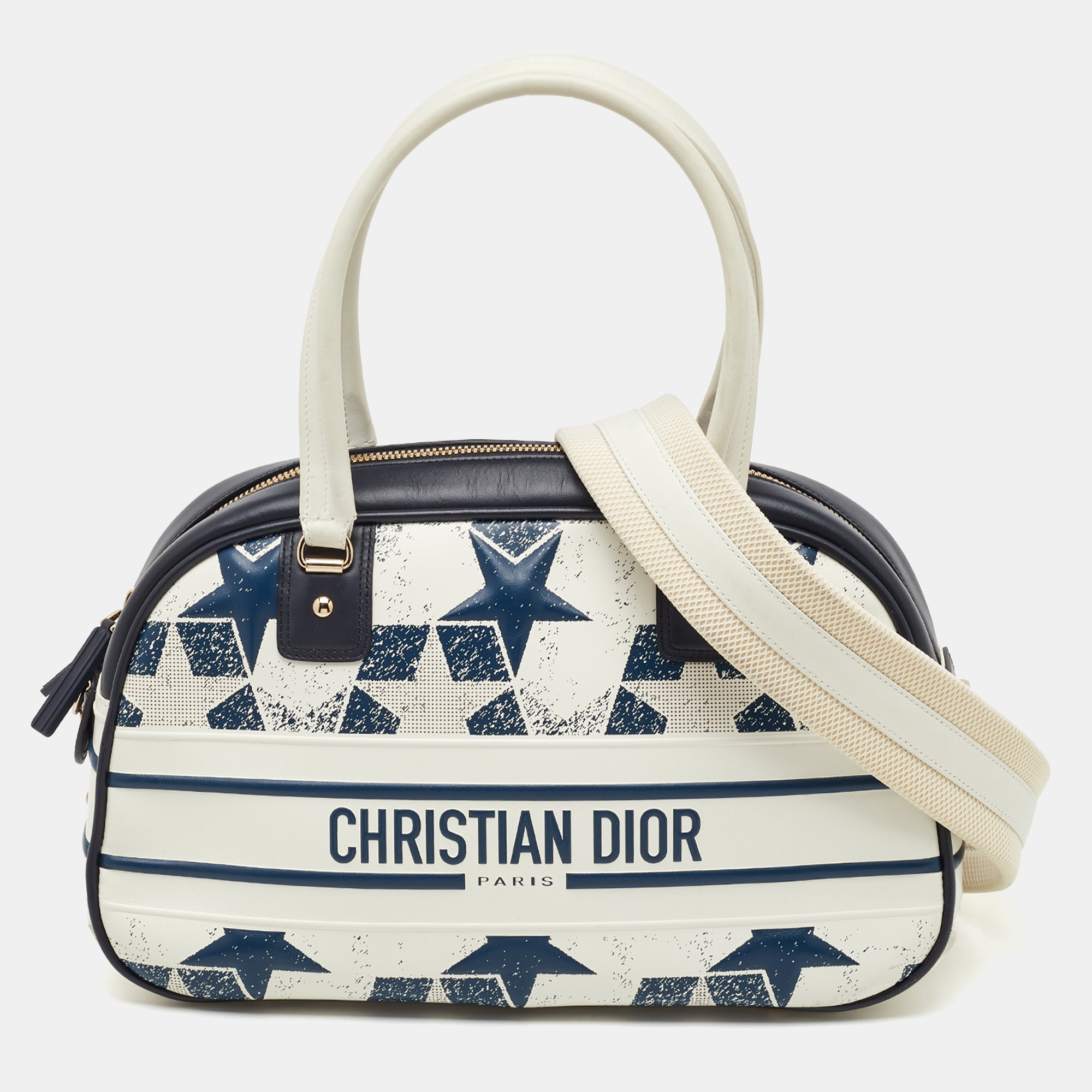 

Dior Navy Blue/White Leather  Star Vibe Zip Bowling Bag