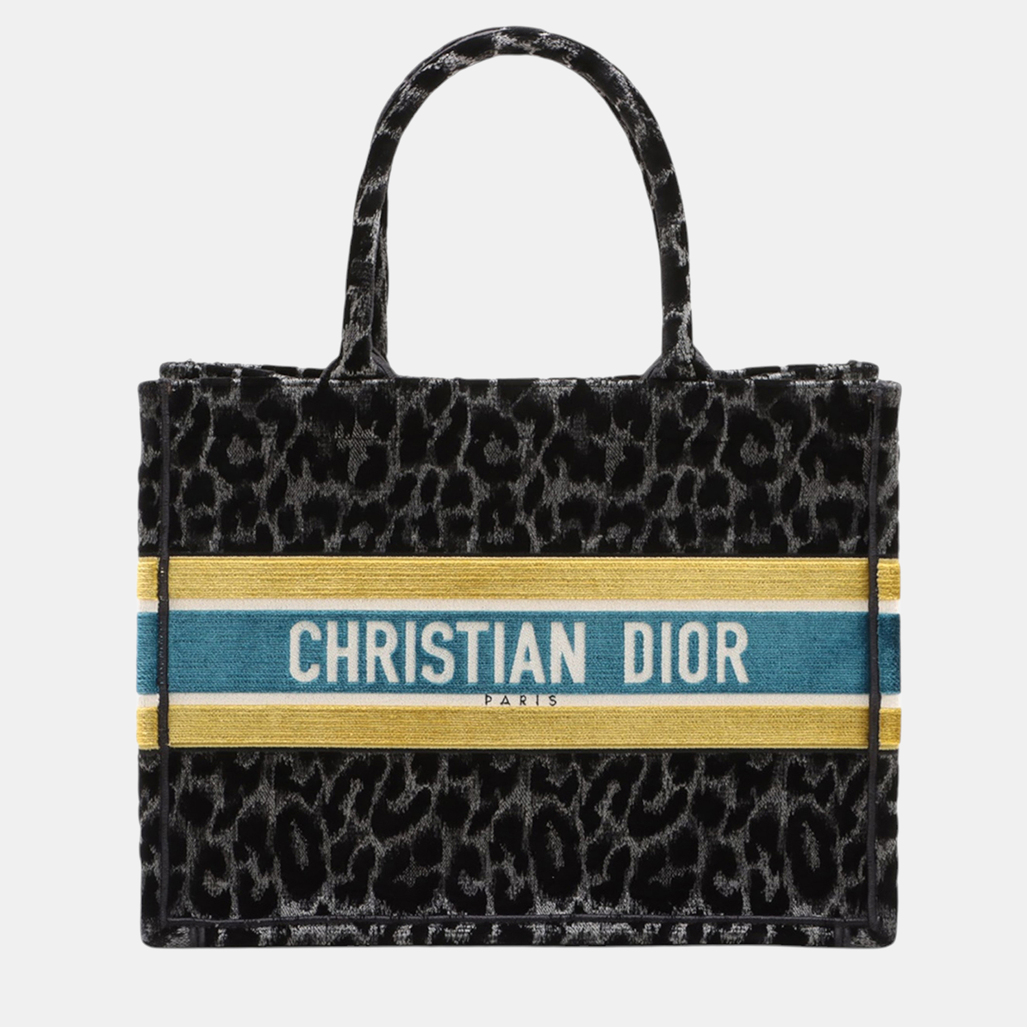 Pre-owned Dior Black Grey Mizza Medium Embroidered Velvet Leopard Book Tote
