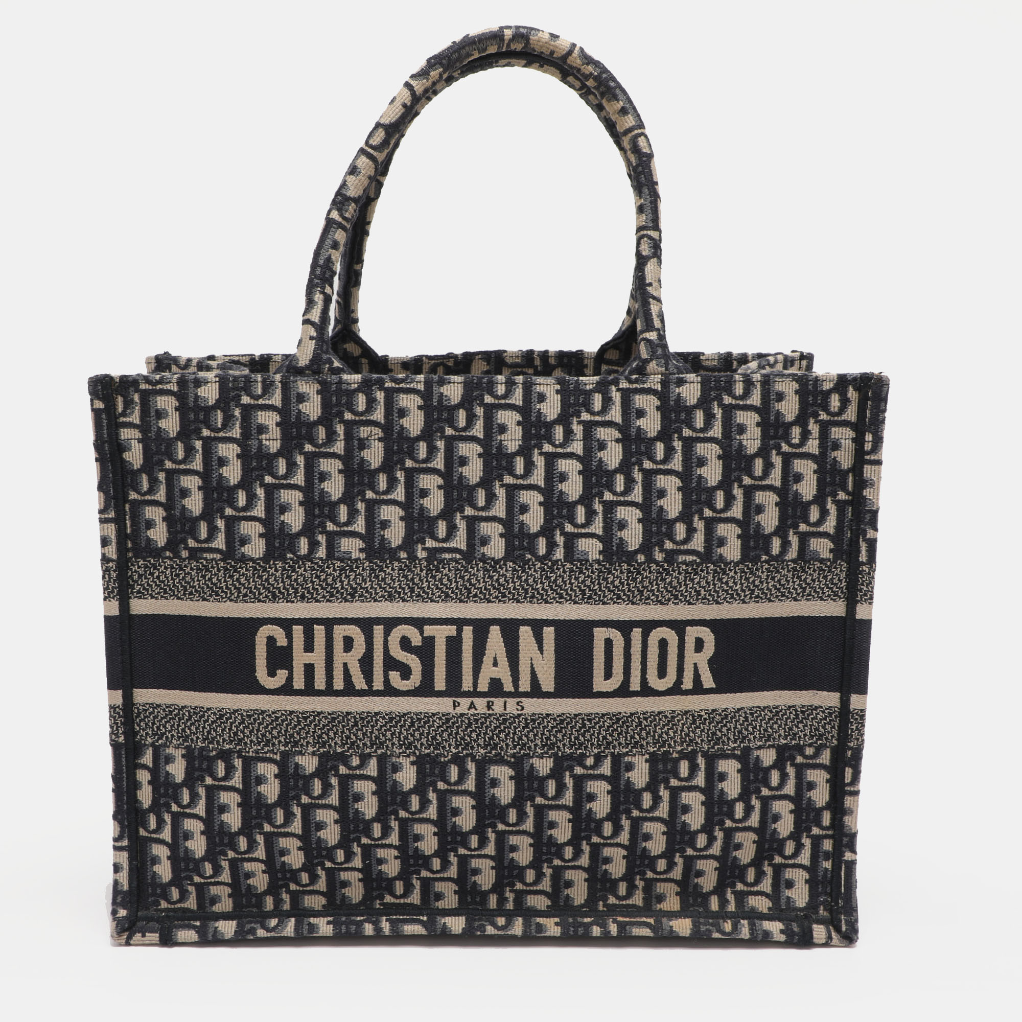 Pre-owned Dior Navy Blue Oblique Embroidered Canvas Medium Book Tote