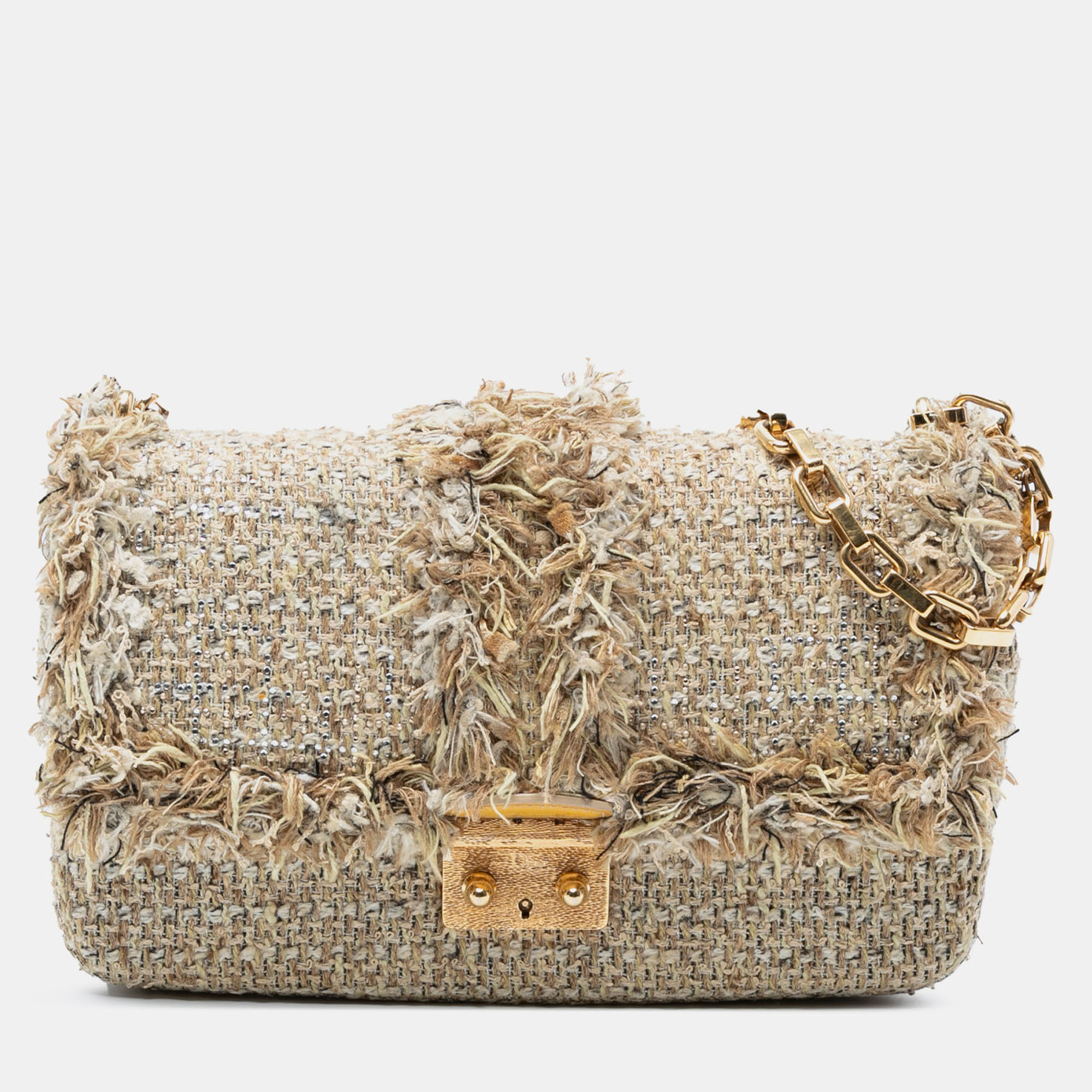 Pre-owned Dior Beige New Rock Tweed And Rhinestones Chain Shoulder Bag In Sand