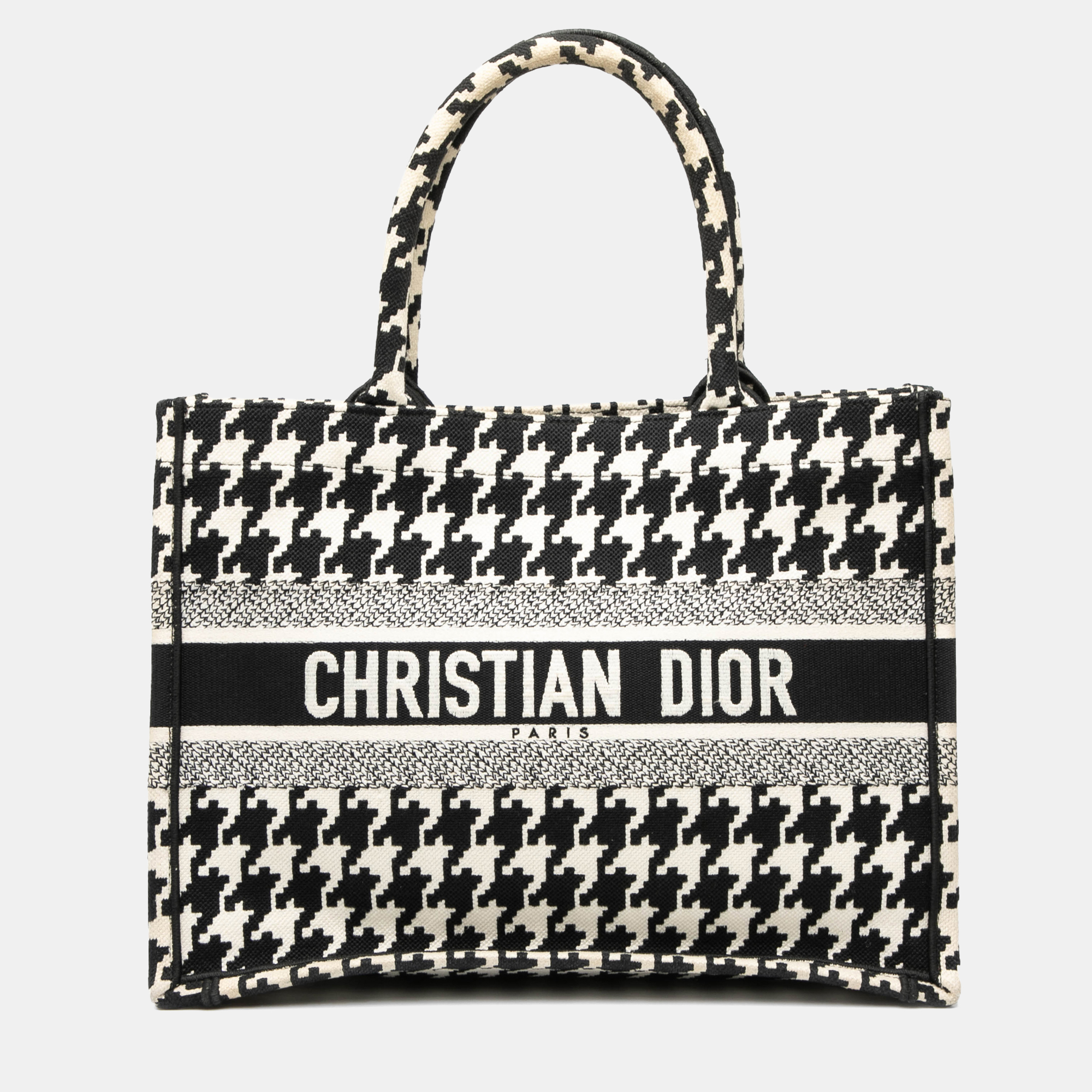 

Dior Black White Medium Canvas Houndstooth Embroidered Book Tote
