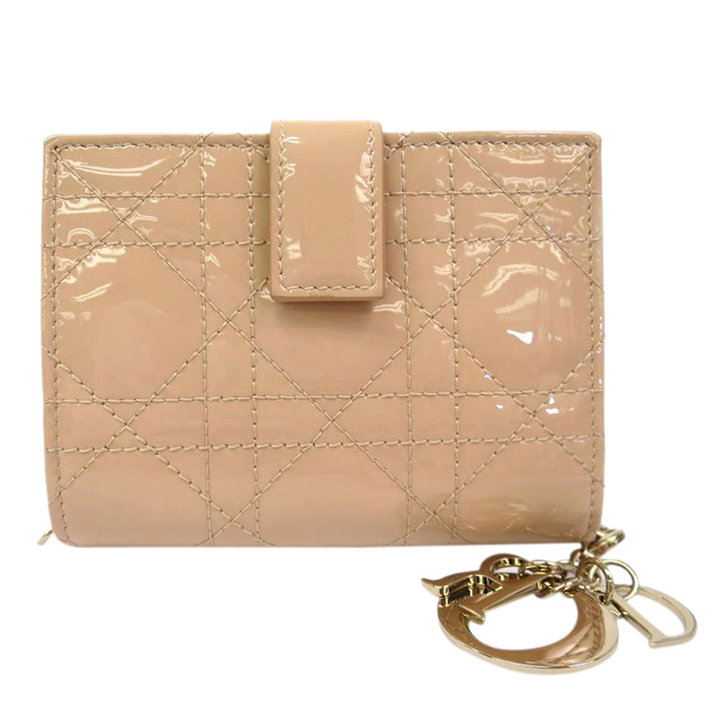 Pre Owned Dior Beige Cannage Quilted Patent Leather Lady Dior Bifold Wallet