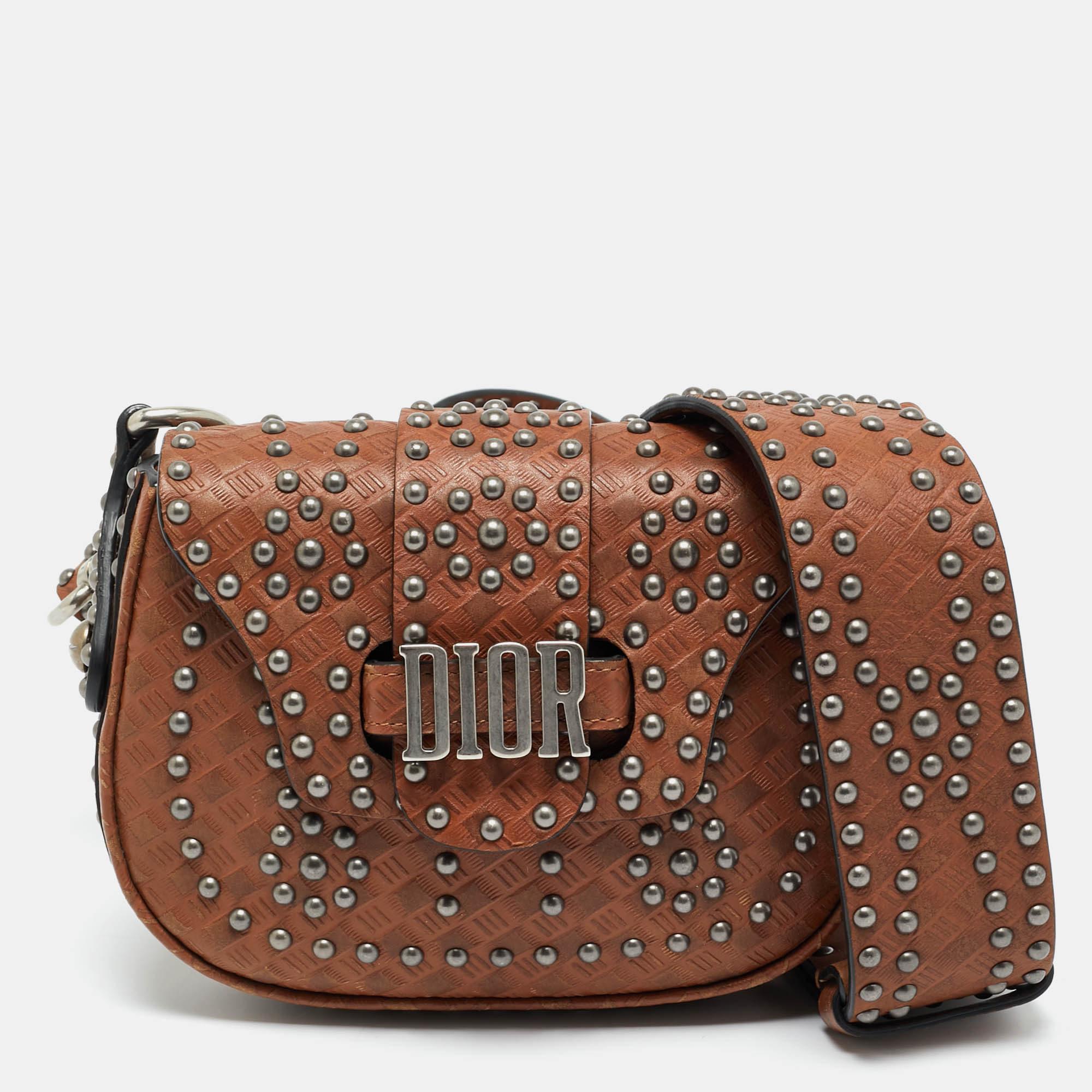 

Dior Brown Woven Embossed Leather Studded D-Fence Saddle Bag