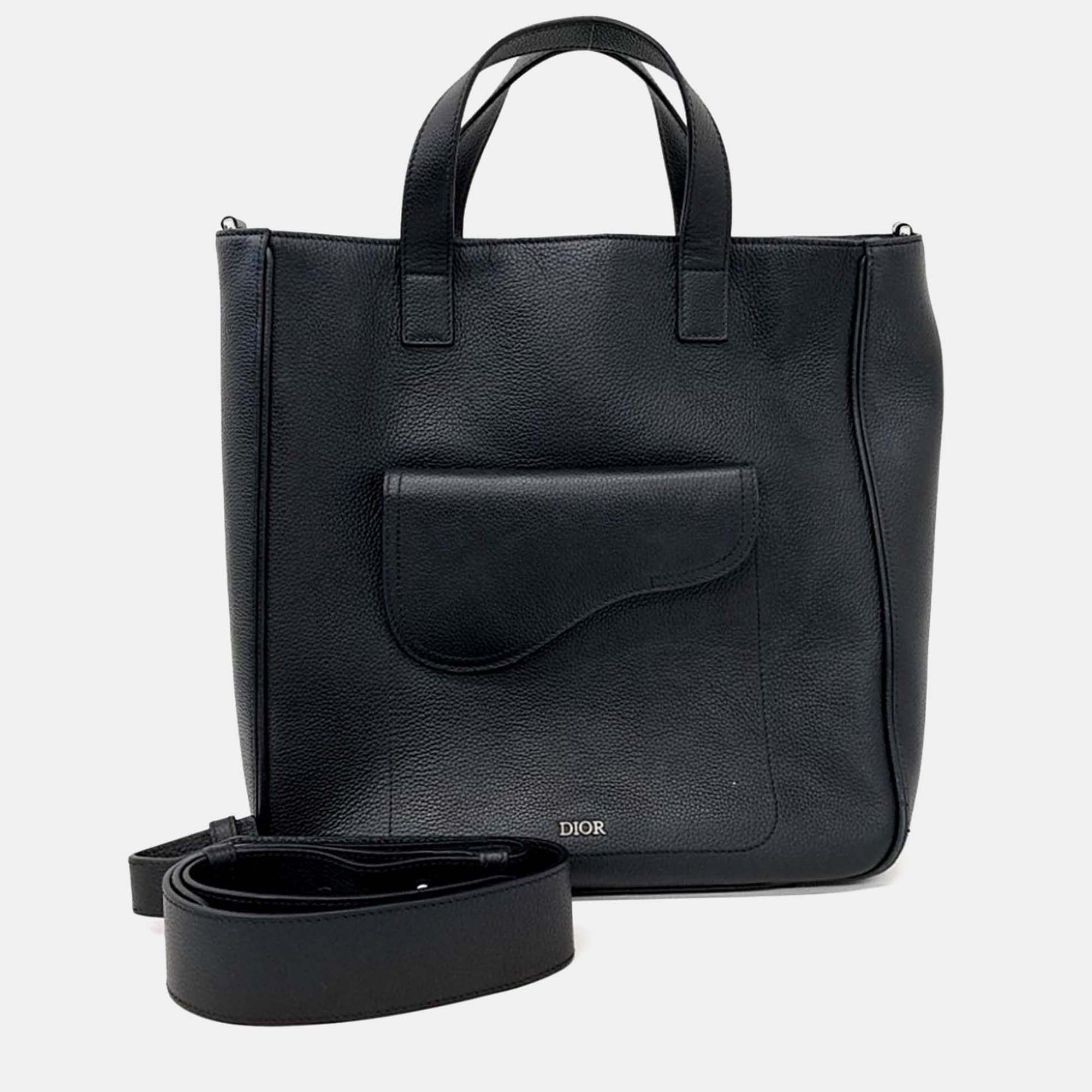 Pre-owned Dior Black Leather Saddle Tote And Shoulder Bag