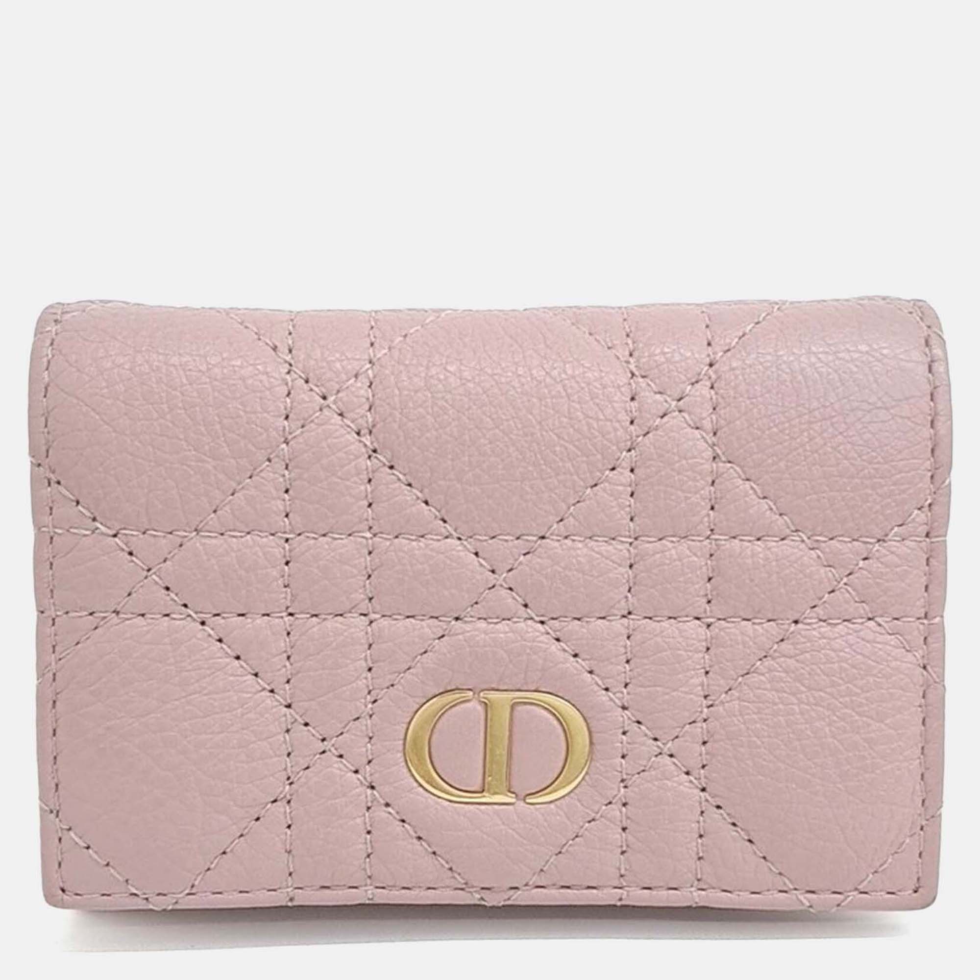Pre-owned Dior Pink Leather Caro Card Holder