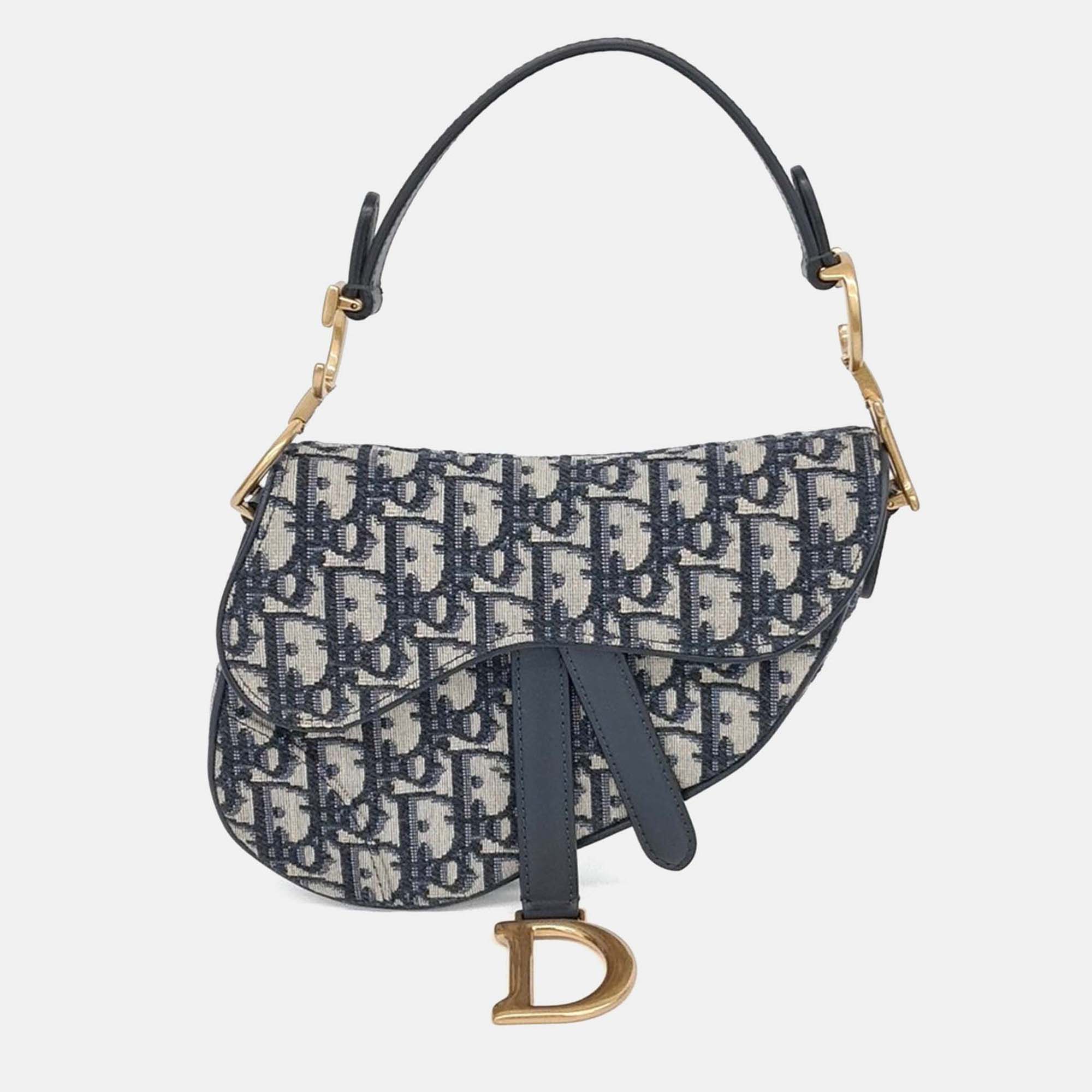 

Dior Beige Navy Blue Canvas Oblique Mini Saddle Bag