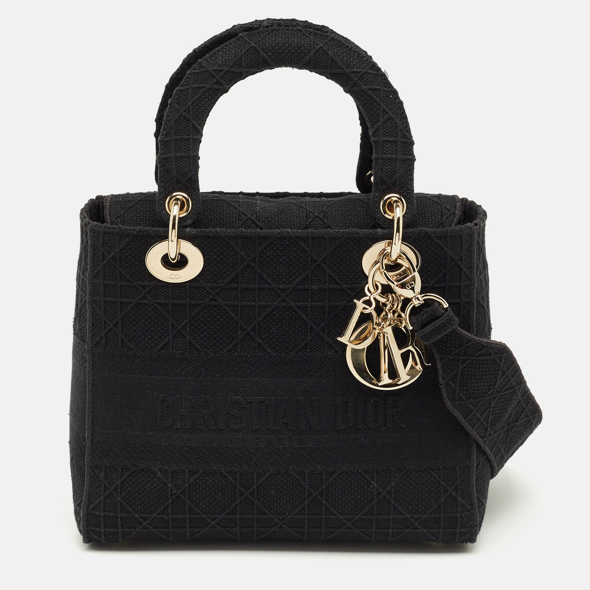 DIOR Pre-owned Black Cannage Embroidered Canvas Medium Lady D-lite Tote