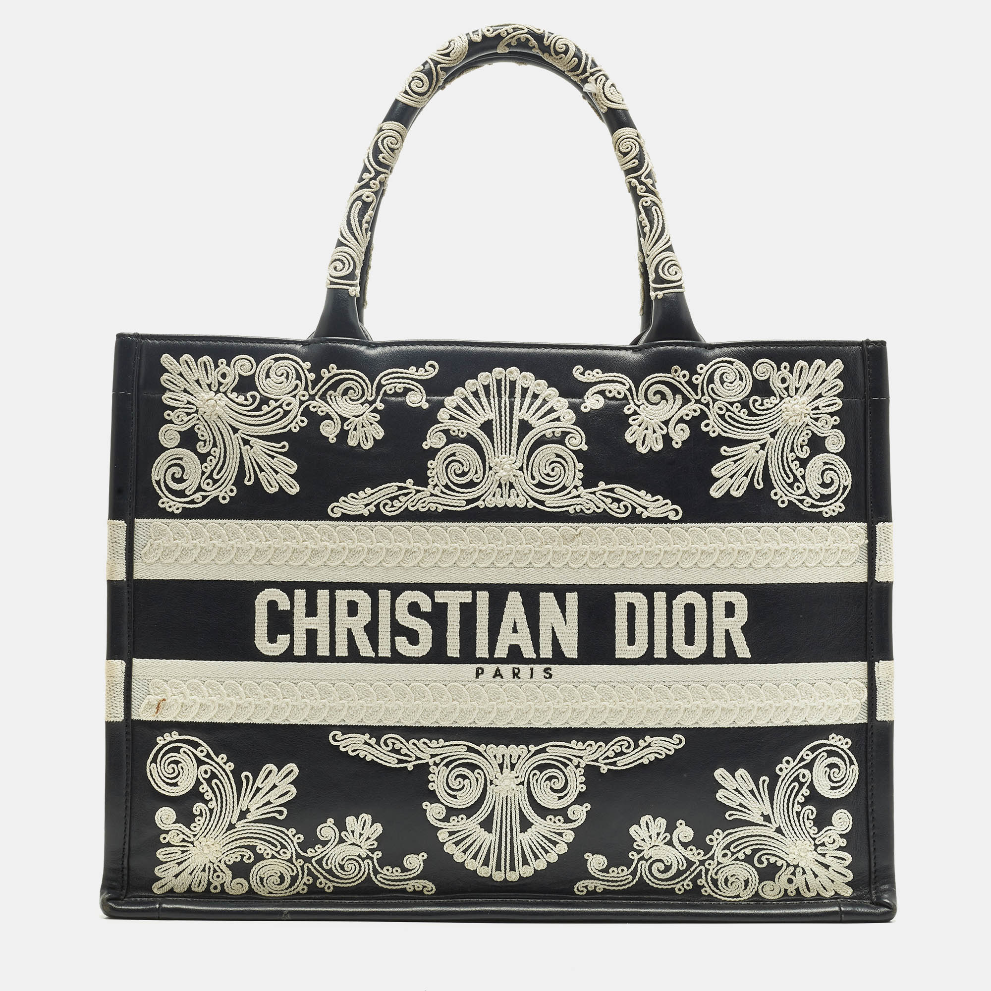 

Dior Navy Blue/White Leather Embroidered  Book Tote