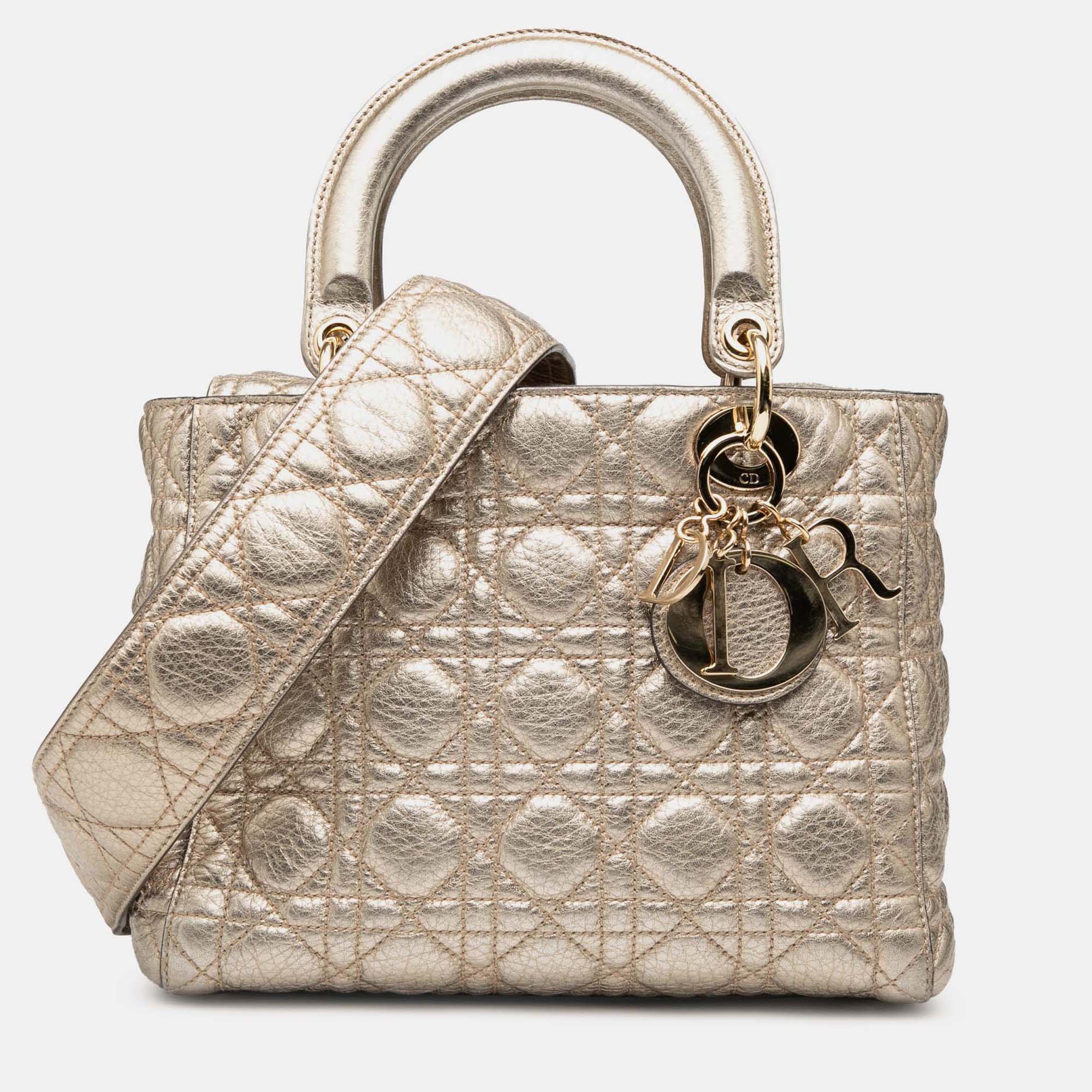 

Dior Gold Medium Metallic Grained Calfskin Cannage Supple Lady Dior