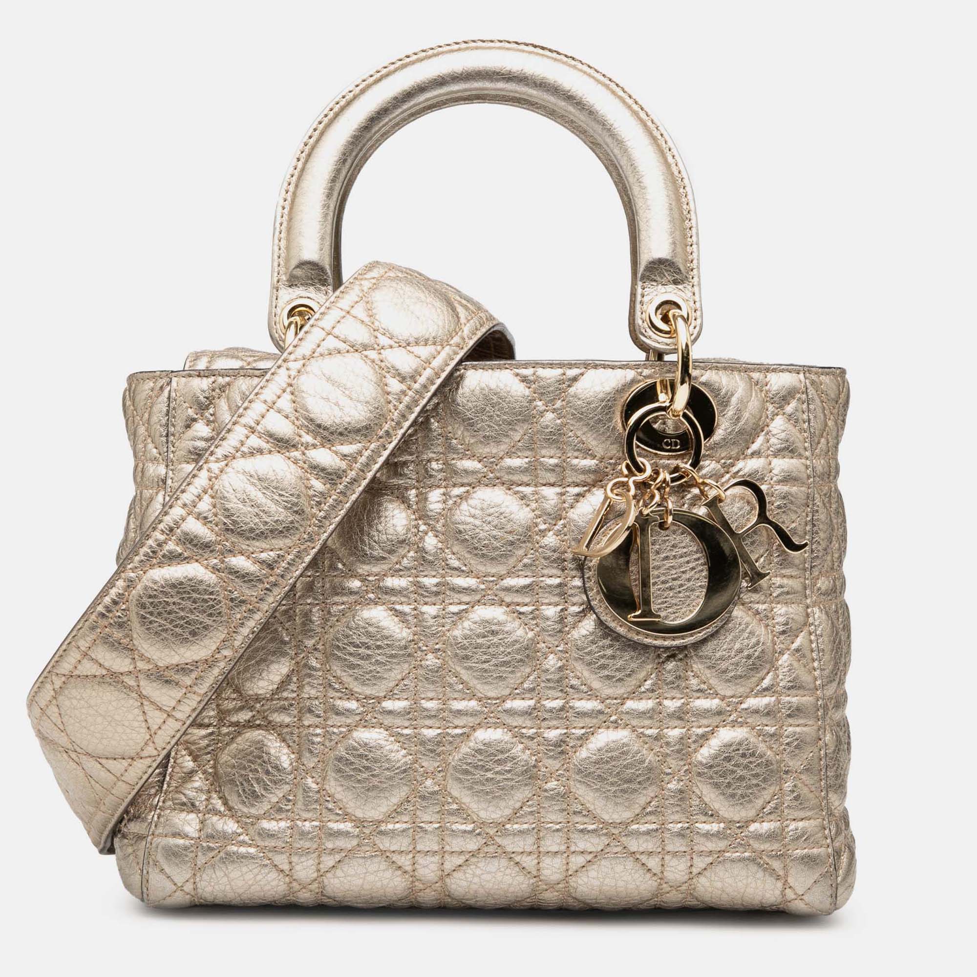 

Dior Gold Medium Metallic Grained Calfskin Cannage Supple Lady Dior