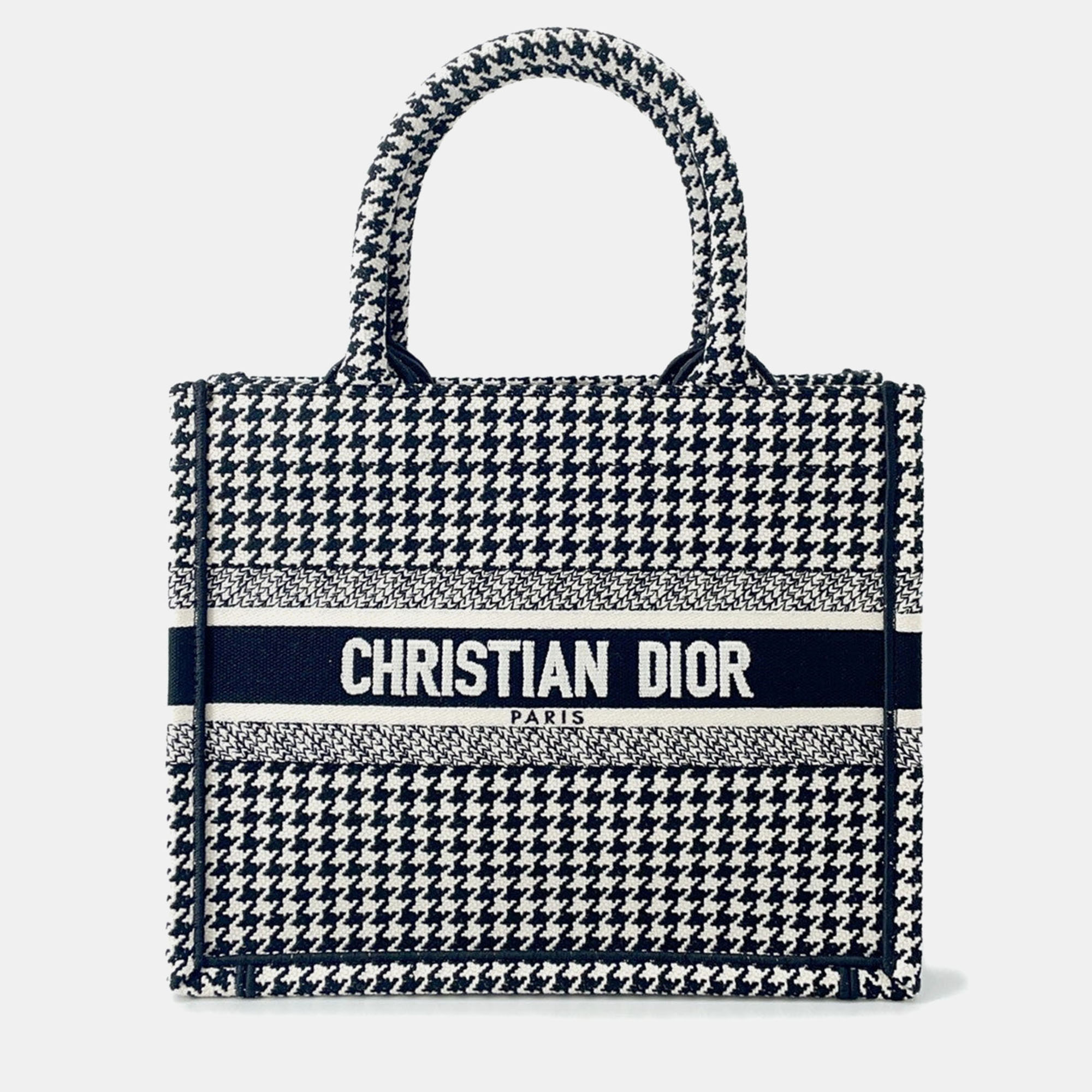 DIOR Pre-owned Book Tote Houndstooth Pattern White/black Canvas Size Small