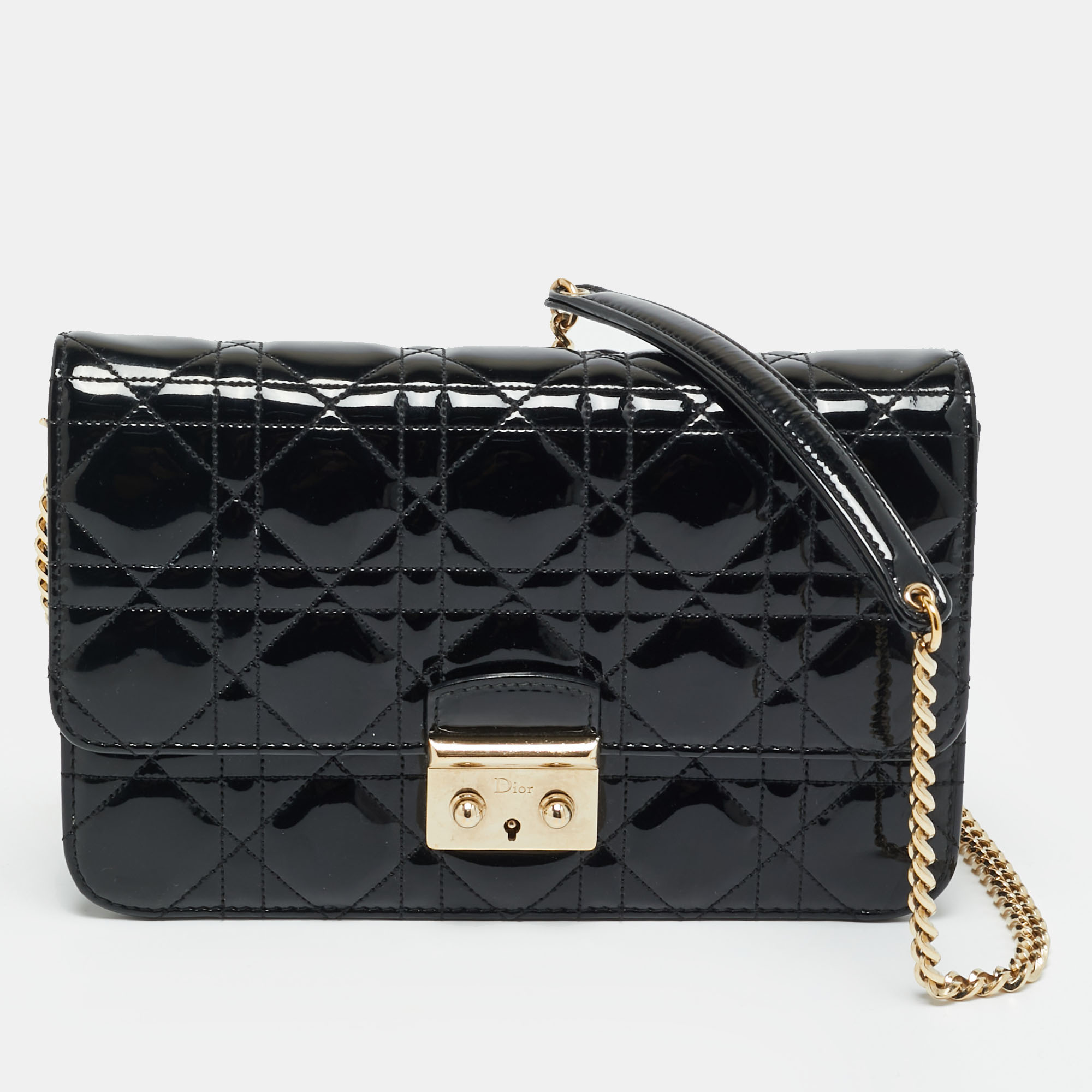 

Dior Black Cannage Patent Leather Miss Dior Promenade Wallet On Chain