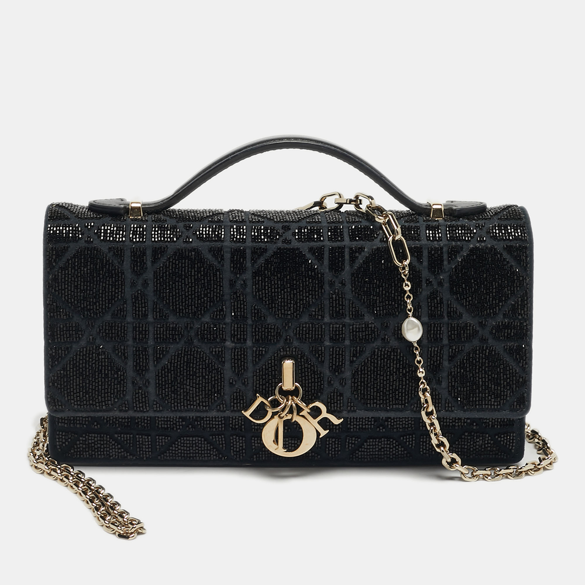 DIOR Pre-owned Black Mini Microbead Cannage Fabric And Leather Shoulder Bag