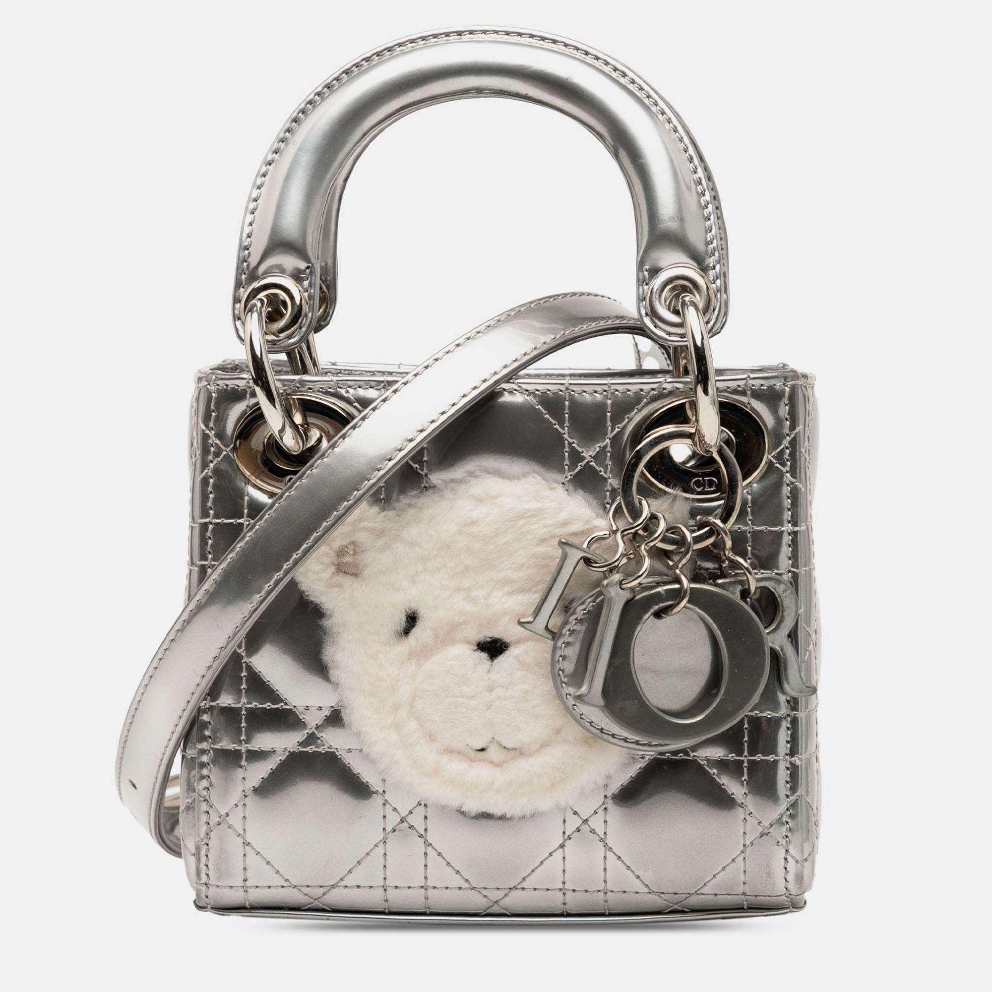 

Dior Silver Micro Metallic Lambskin Cannage Bear Lady Dior
