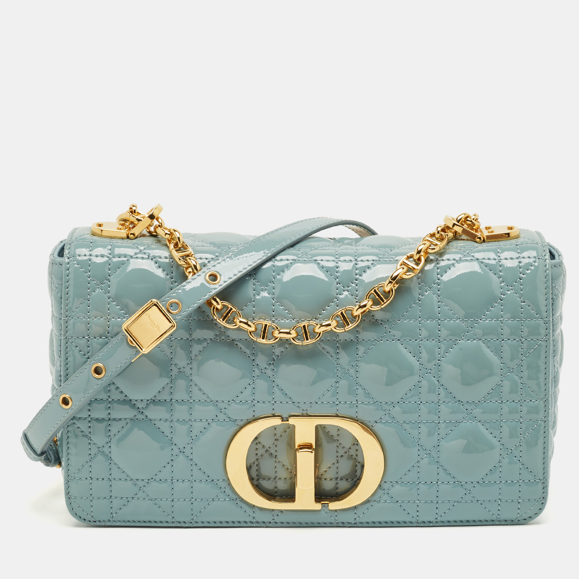 Pre-owned Dior Caro Medium Light Blue Cannage Patent Leather Shoulder Bag