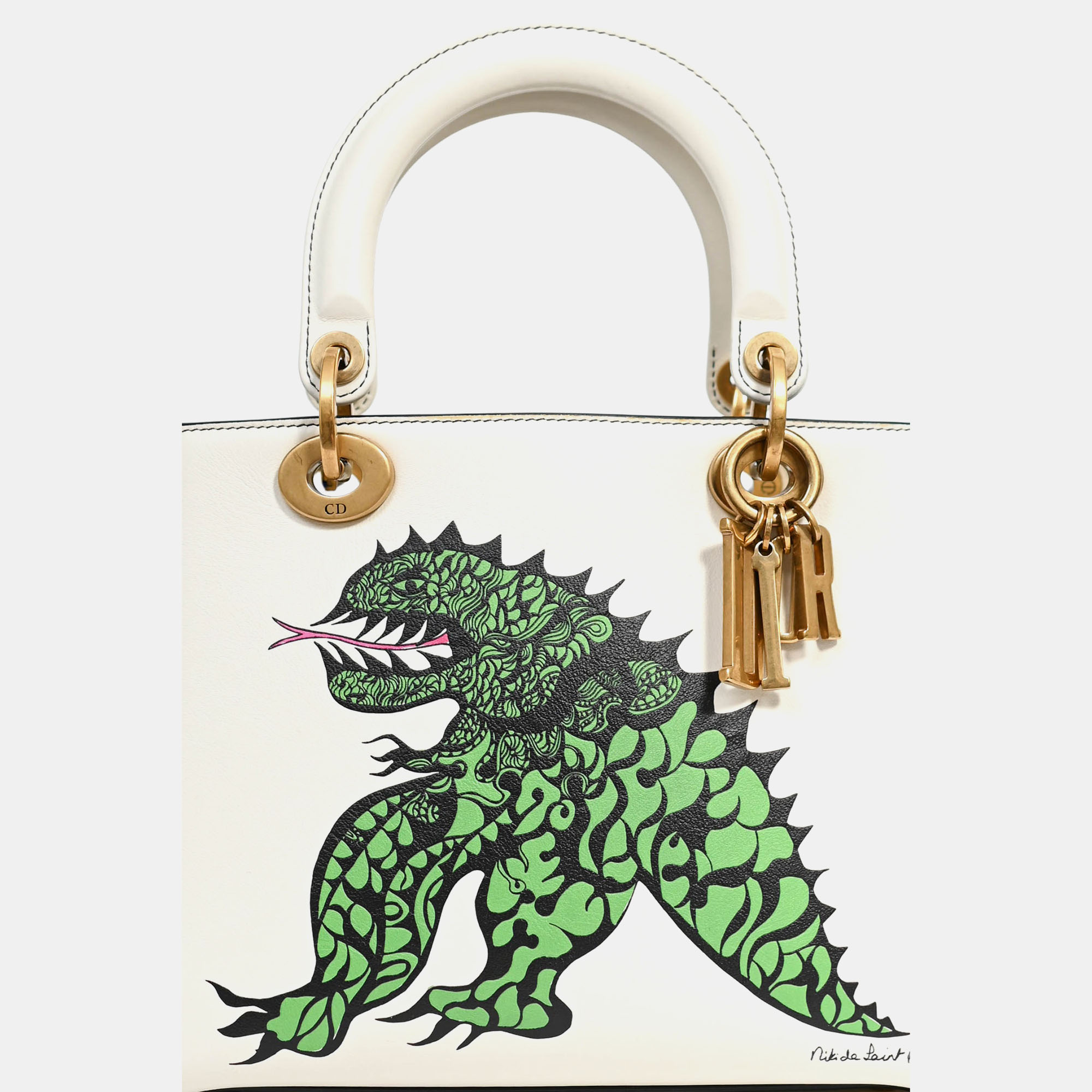 

Christian Dior x Nika De Saint Phalle 2018 White Leather Medium Dragon 'Lady Dior' Top Handle Bag with Strap
