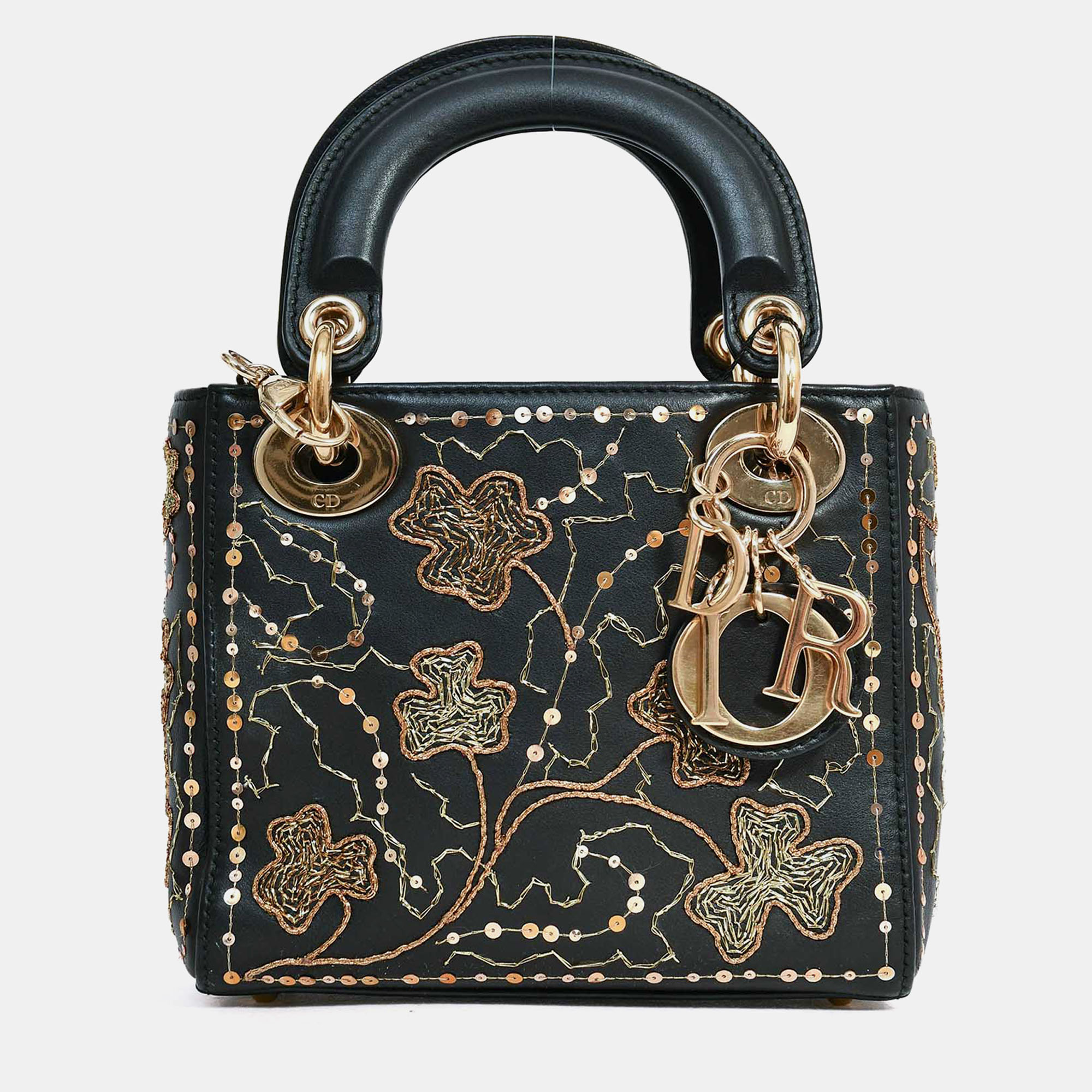 

Christian Dior Black Leather Gold 'Clovers' Embroidered Mini Lady Dior