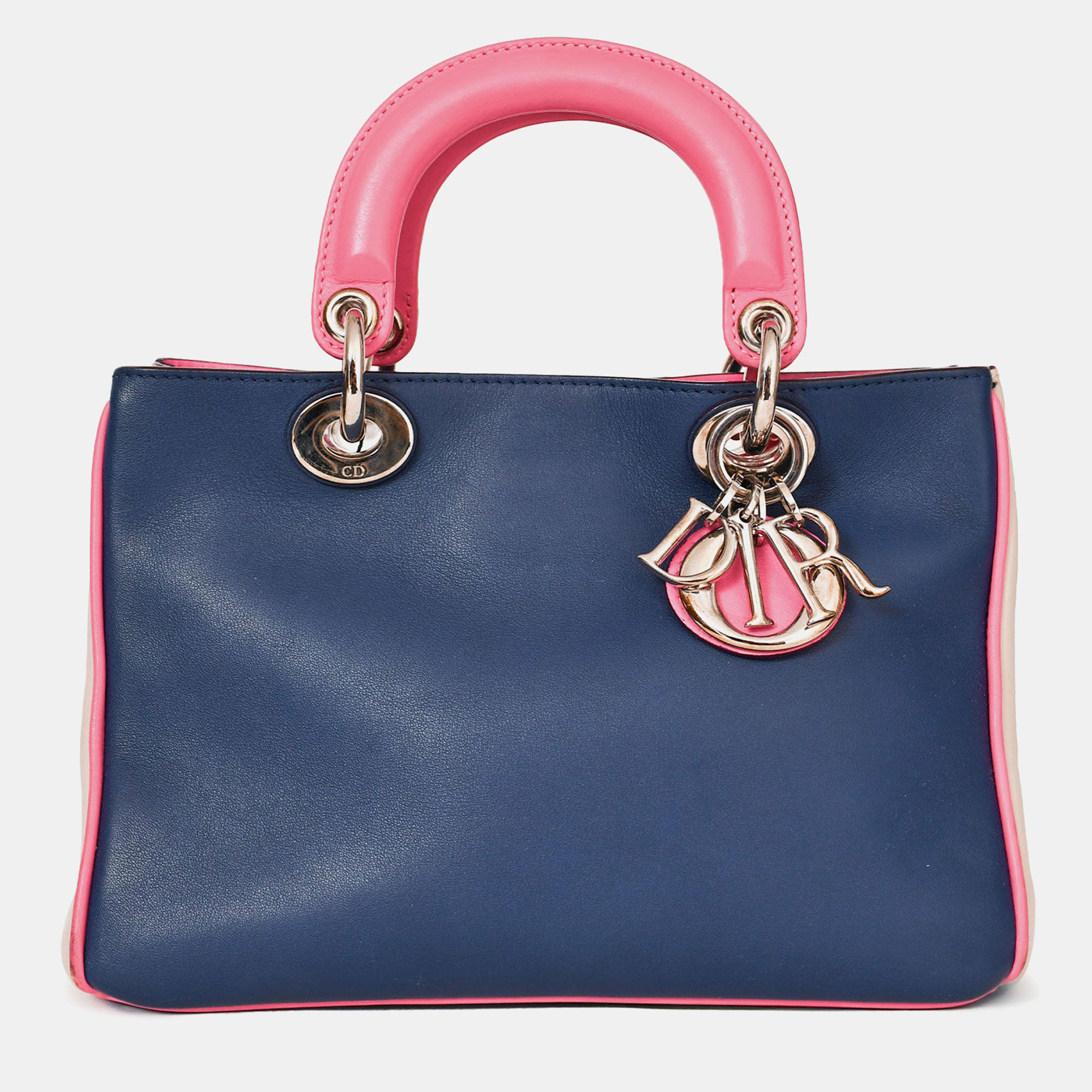 Pre-owned Dior Christian  Navy/pink Tri Colour Leather Mini Issimo Top Handle With Strap In Blue