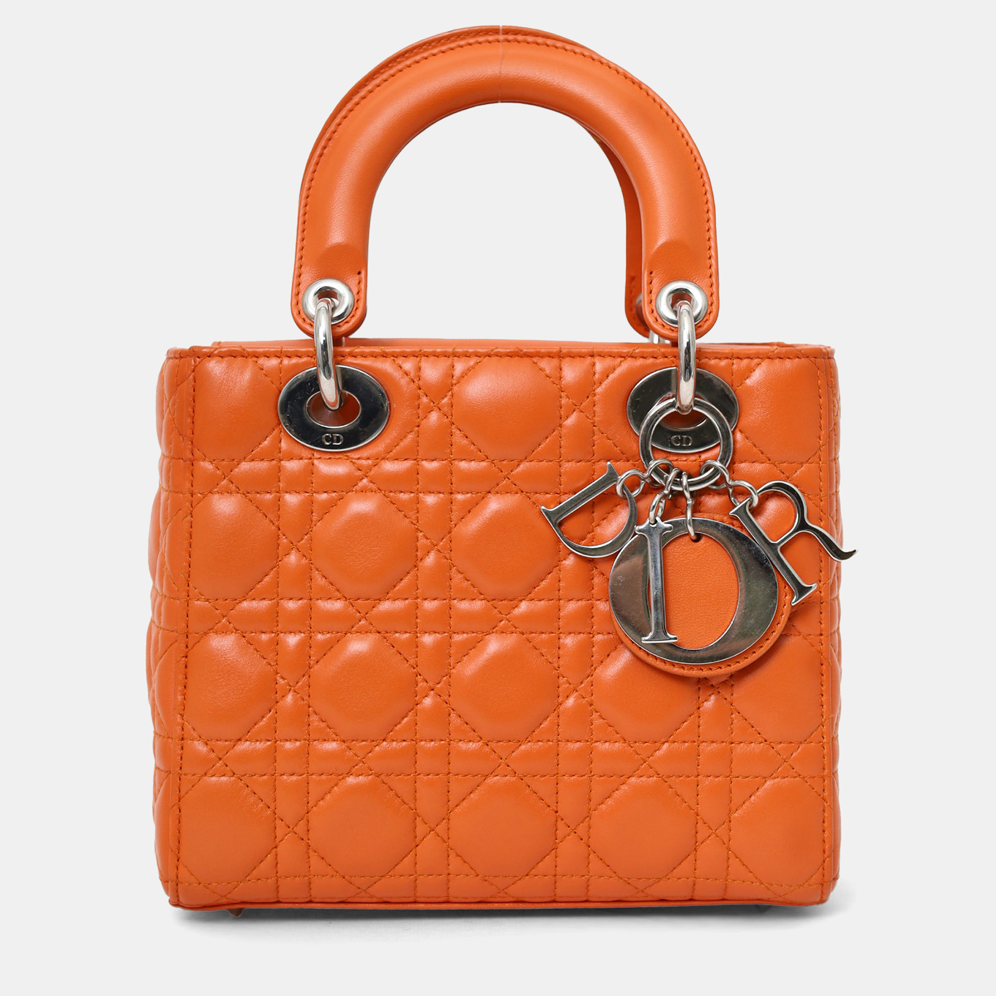 Pre-owned Dior Christian  2016 Orange Leather Cannage Small Lady  With Strap