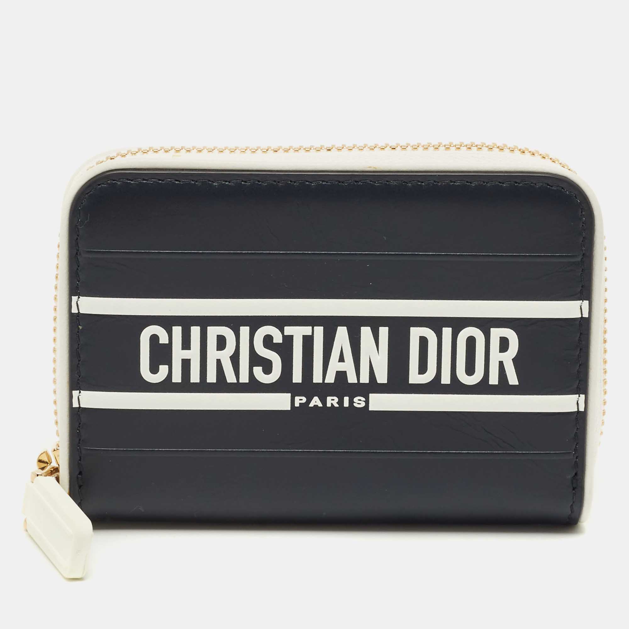 Pre-owned Dior Vibe Navy Blue/white Leather Compact Wallet