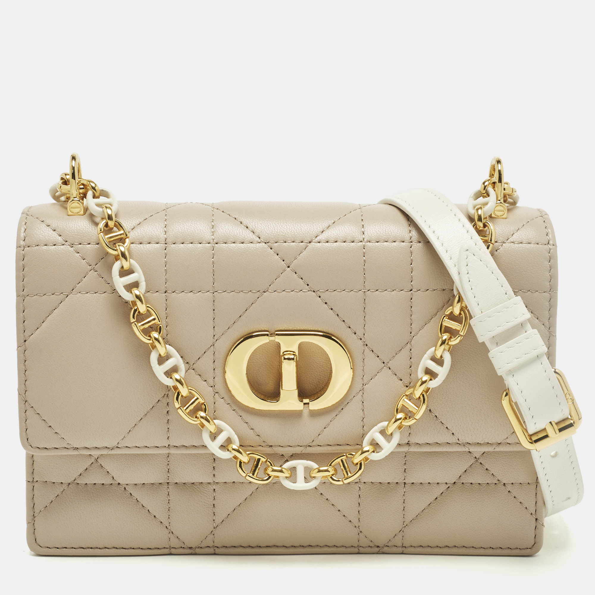 Pre-owned Dior Miss Caro Mini Beige/white Macrocannage Leather Shoulder Bag In Sand
