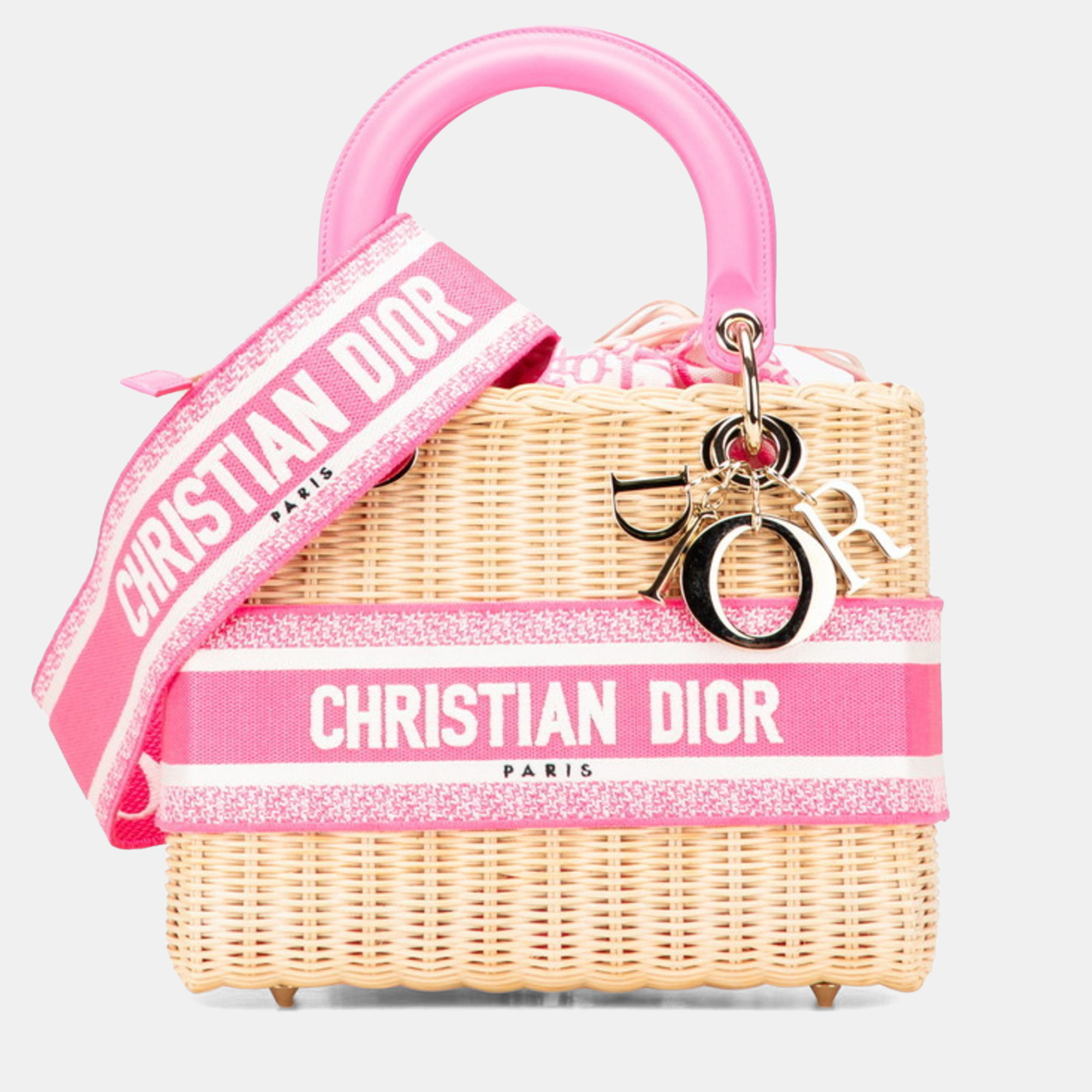 

Christian Dior Dior Lady Wicker Handbag/Shoulder Bag 2-Way Beige Pink Rattan Canvas Leather