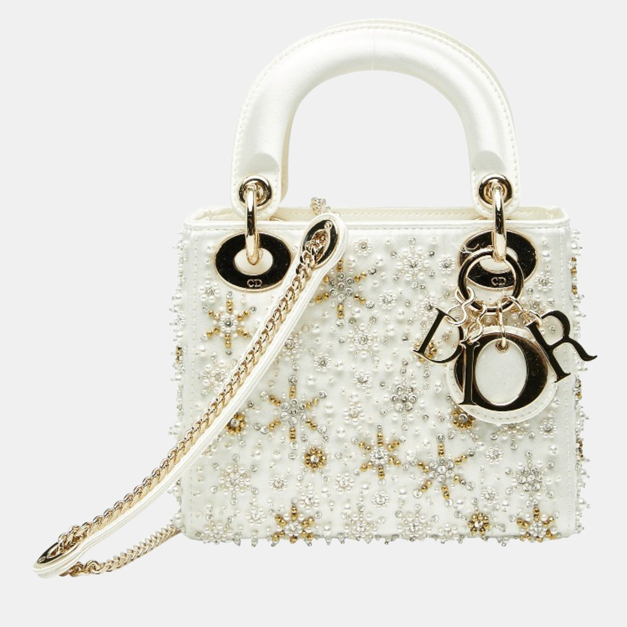 

Christian Dior Dior Lady Jeweled Mini Bag Handbag/Shoulder 2-Way White/Gold Silk