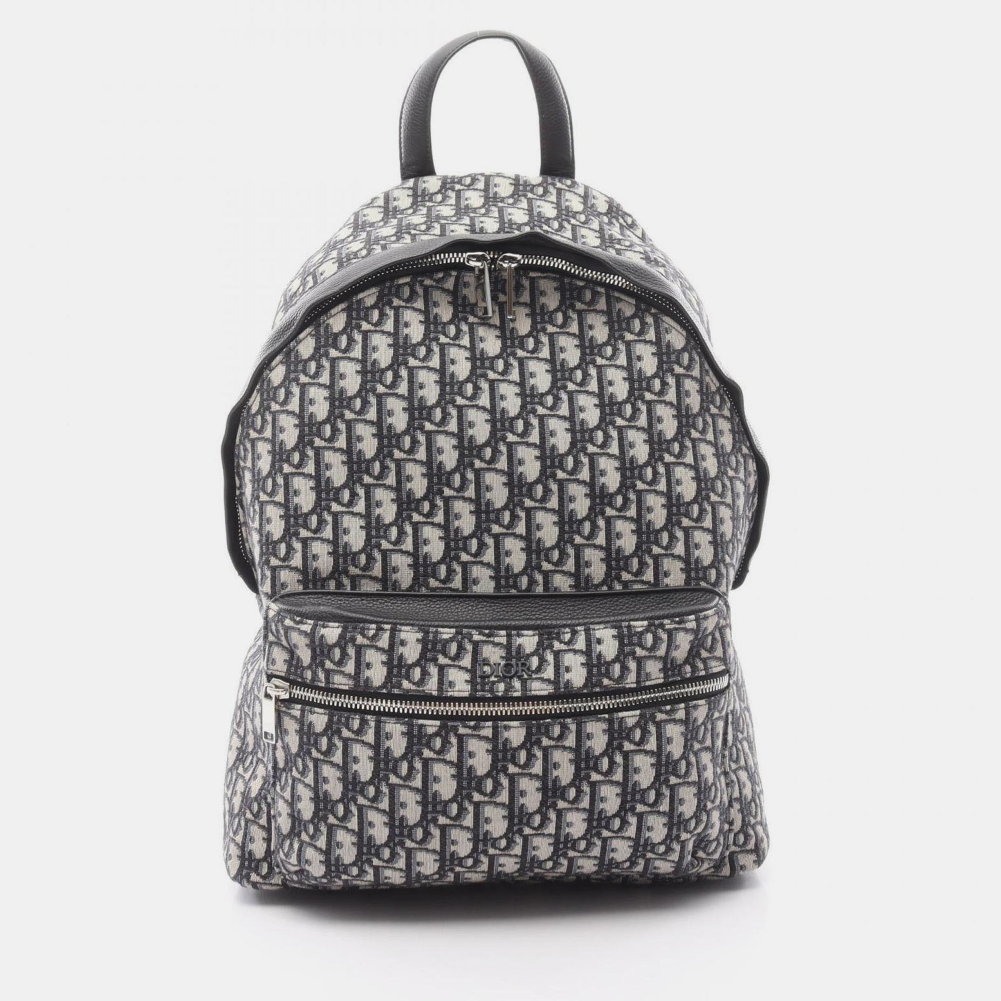 Pre-owned Dior Christian Oblique Jacquard Backpack Bag In Canvas And Leather Beige Black Blue In Multi