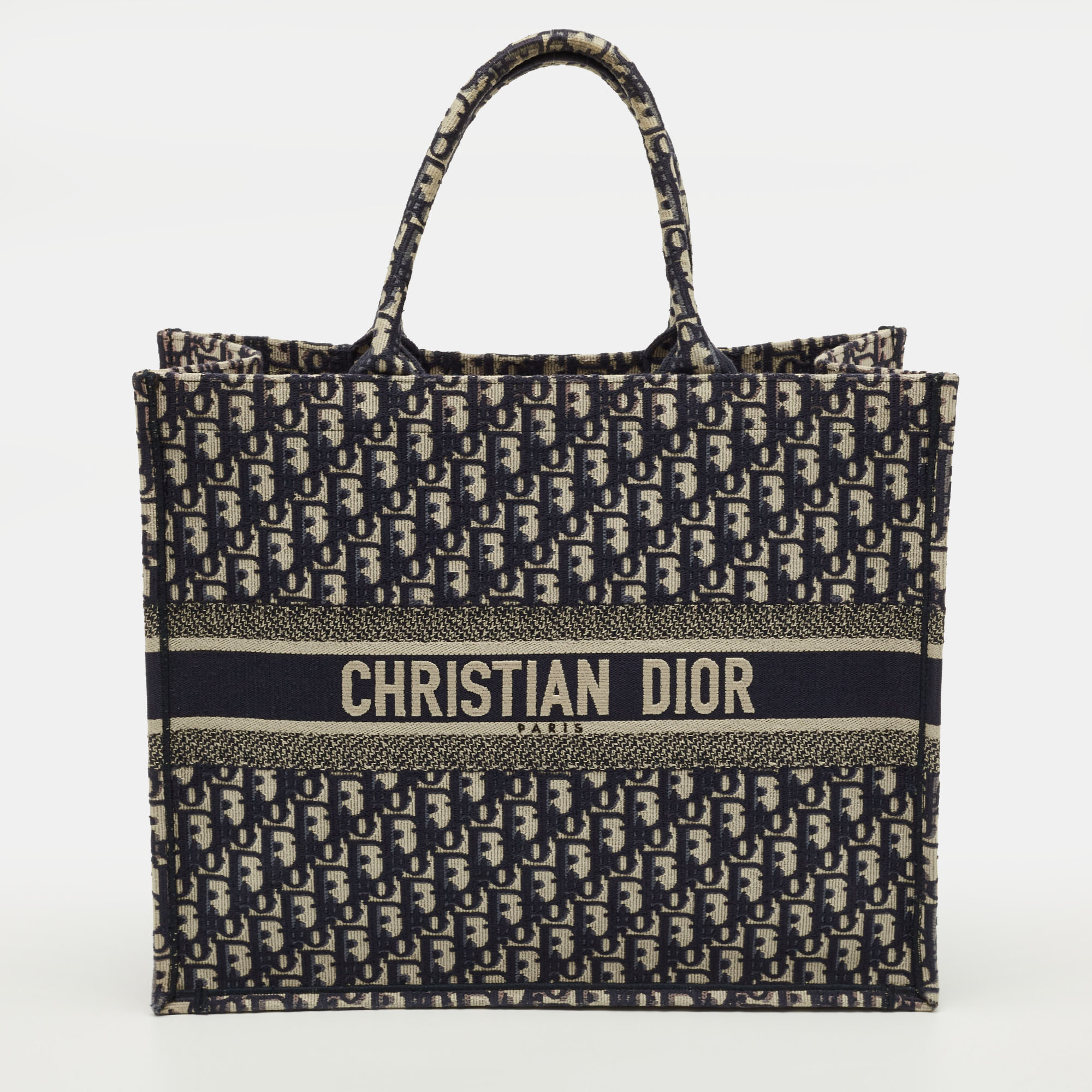 Pre-owned Dior Book Large Navy Blue Oblique Embroidered Canvas Tote