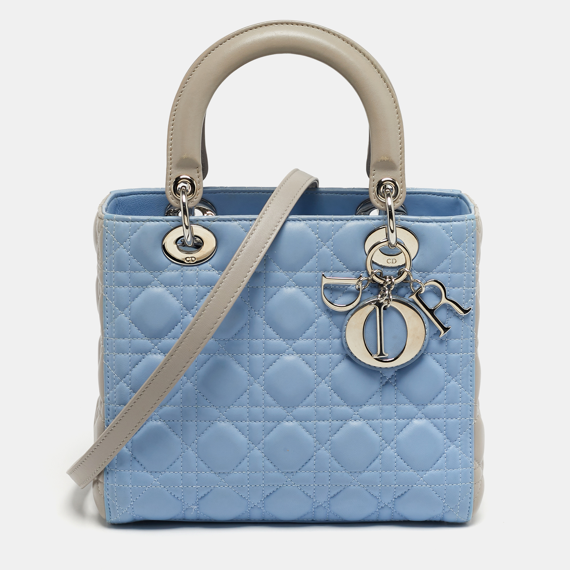 

Dior Lady Dior Light Blue/Grey Medium Cannage Leather Tote