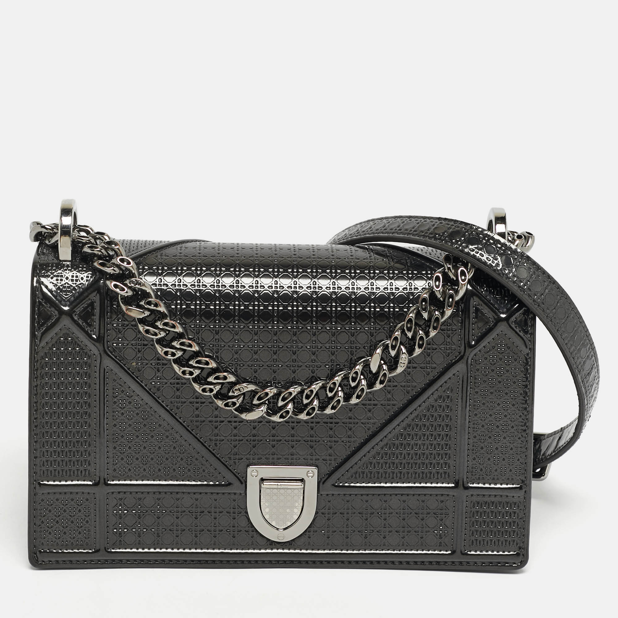 

Dior Diorama  Dark Grey Microcannage Patent Leather Flap Bag