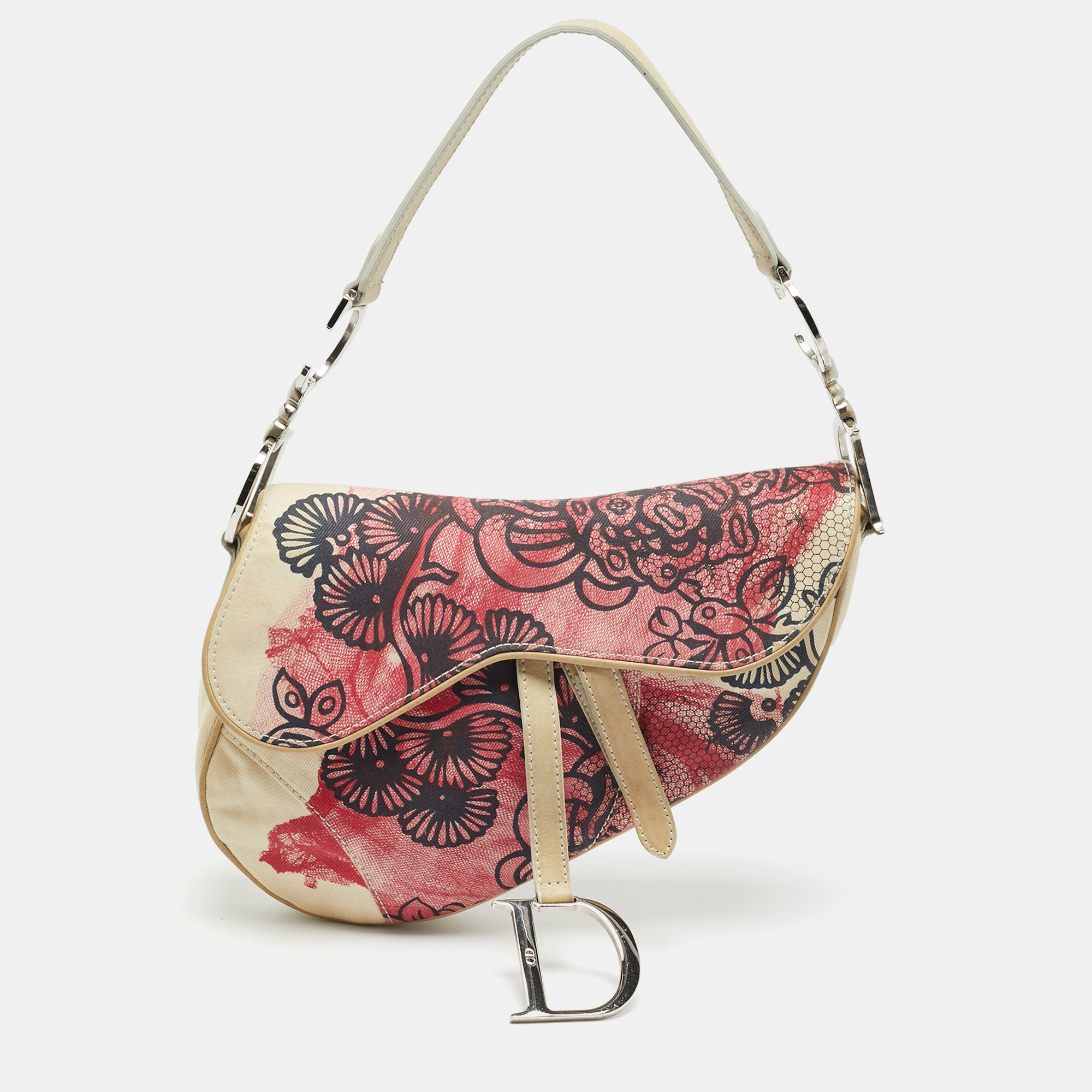 

Dior Limited Edition 203 Saddle Off White/Red Printed Fabric Bag