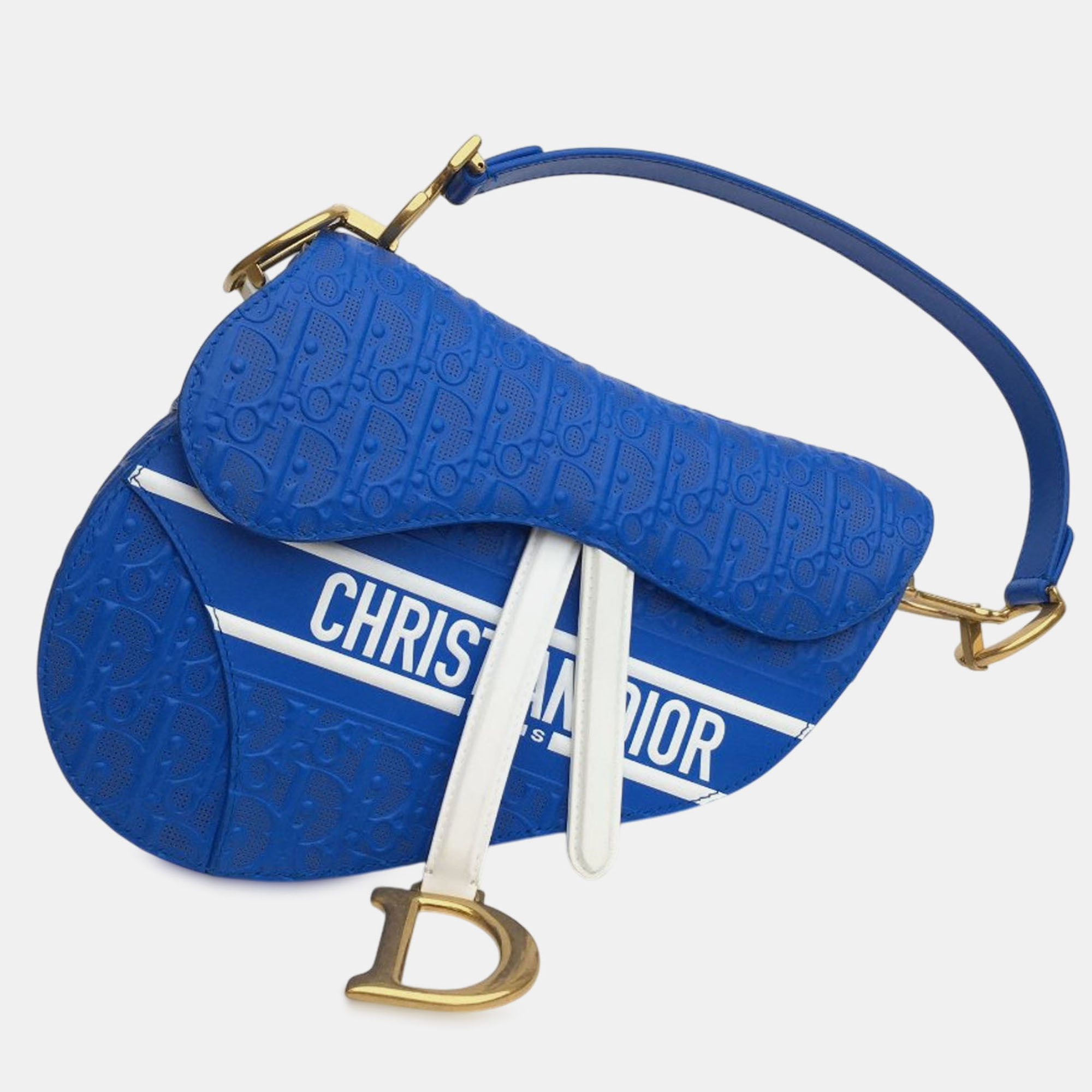 Dior Blue Perforated Oblique Embossed Calfskin Saddle Bag