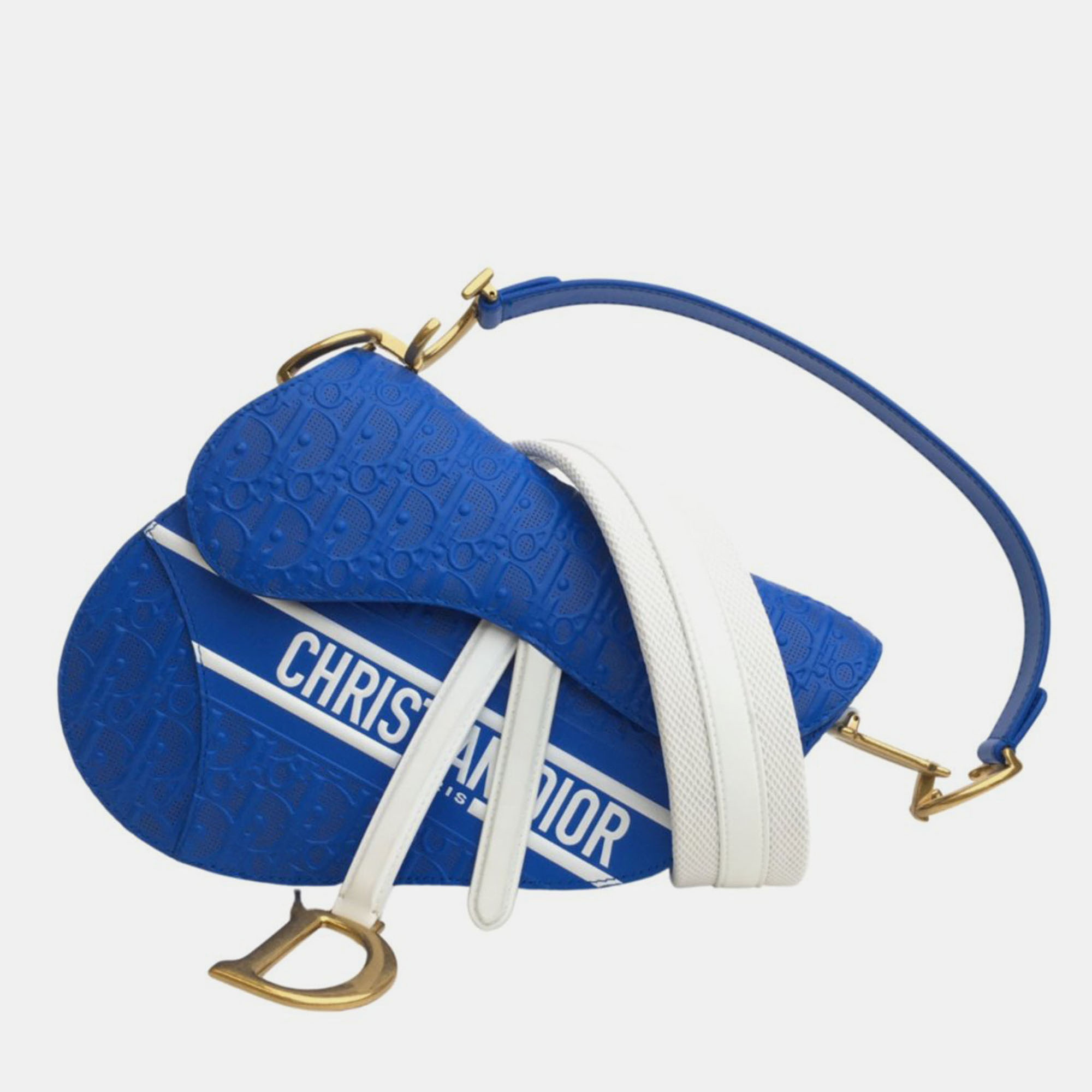 Dior Medium Perforated Blue/White Calfskin Oblique Saddle Bag