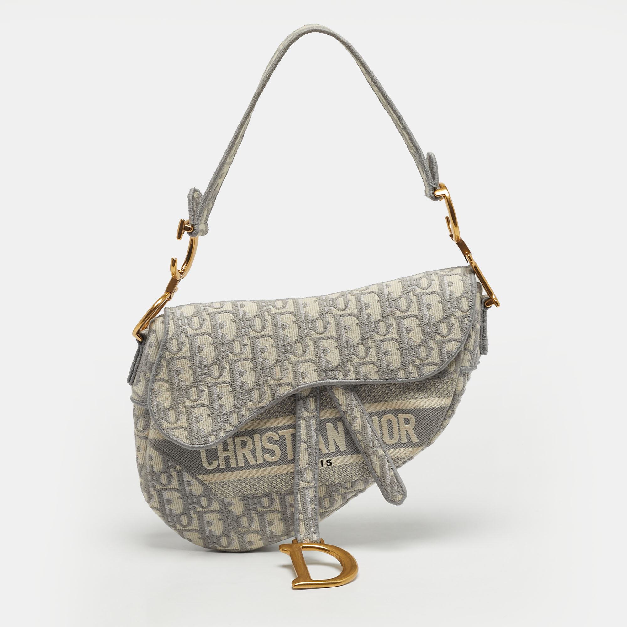 Dior Saddle Grey/Off White Oblique Embroidered Canvas Shoulder Bag