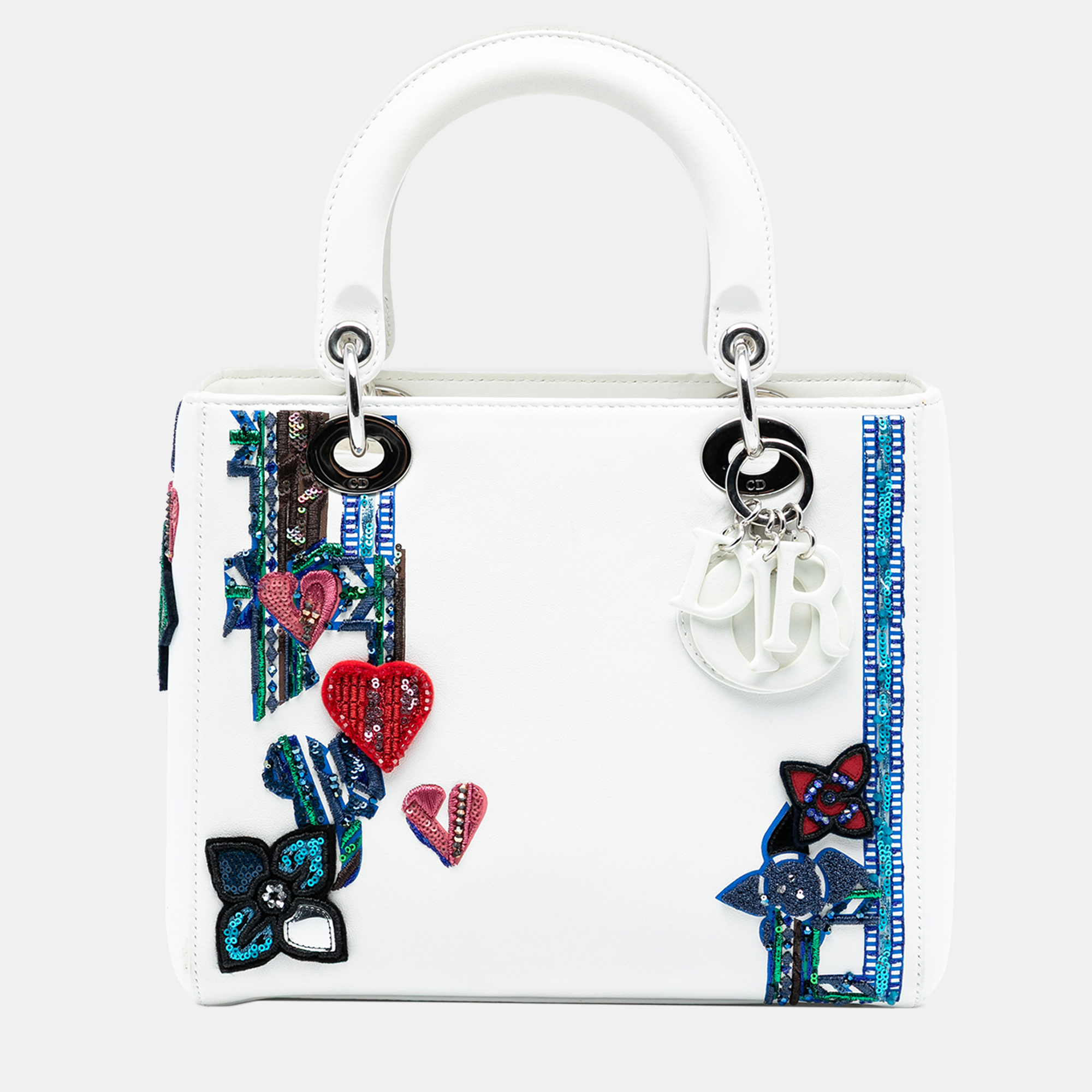 

Dior White Medium Embroidered Calfskin Heart and Floral Sequin Lady Dior