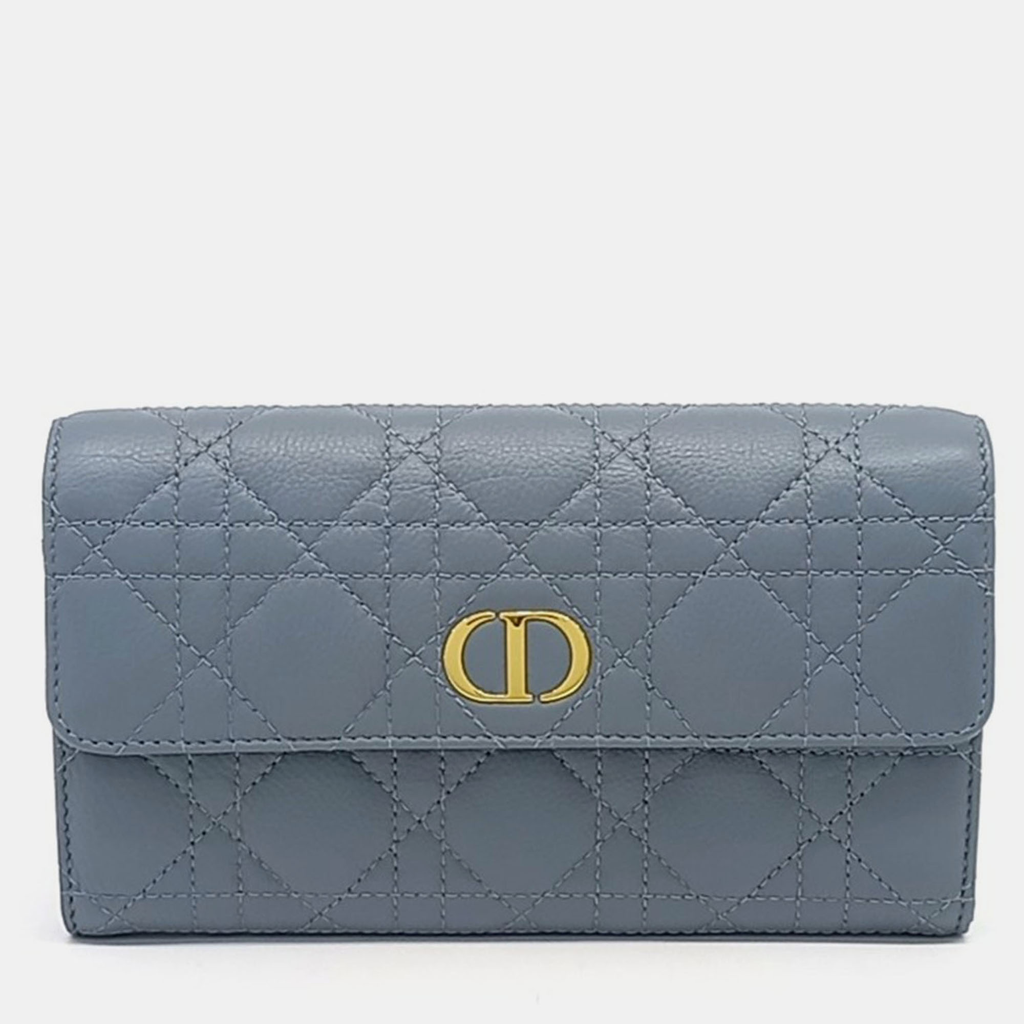 Pre-owned Dior Blue Leather Caro Orchid Long Wallet