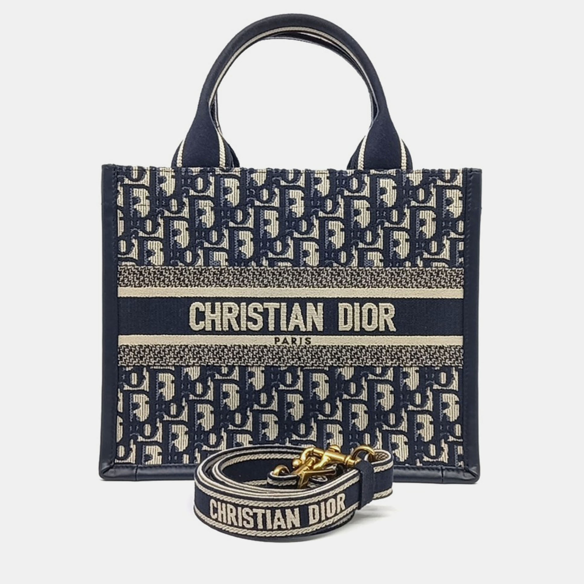 Pre-owned Dior Navy Blue Canvas Oblique Book Tote Bag Small